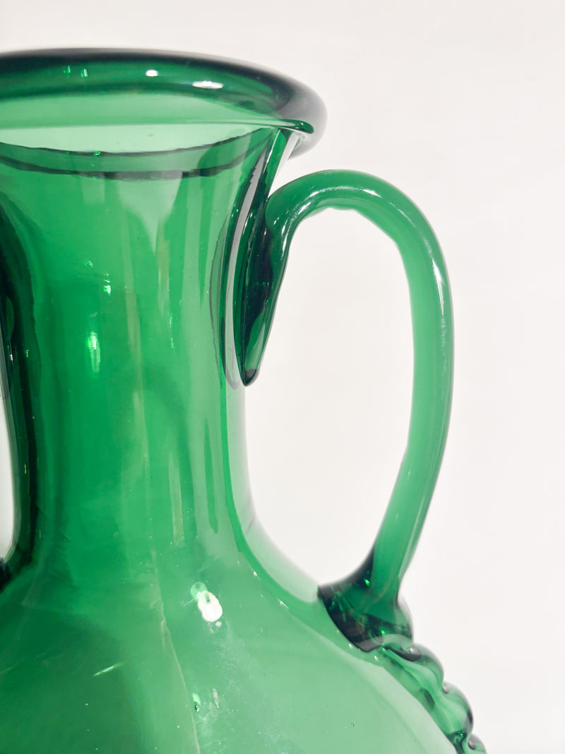 Vaso Ansato in Vetro di Murano Verde Soffiato a Mano Anni 50