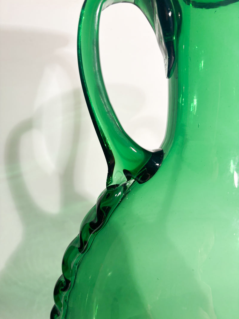 Vaso Ansato in Vetro di Murano Verde Soffiato a Mano Anni 50