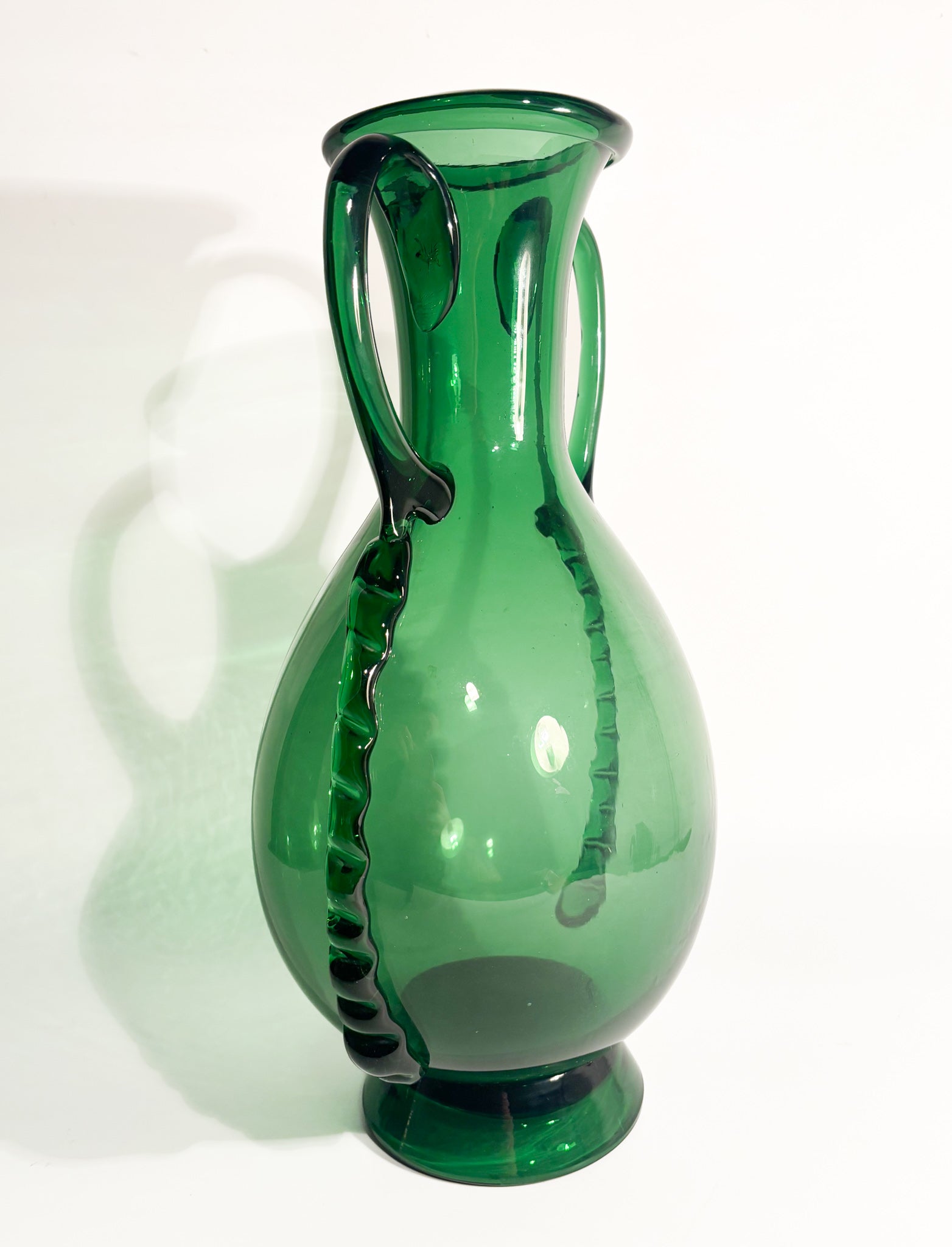 Ansato Vase in Hand-Blown Green Murano Glass from the 1950s