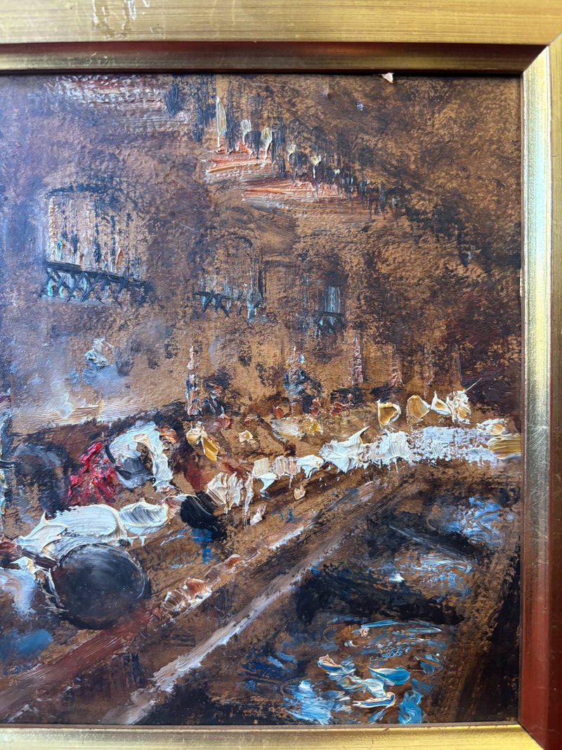 Oil Painting on Cardboard of a Traditional Milanese Scene by Antonio Vettore Cargnel Early Twentieth Century