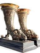 Pair of Bronze Bookend Sculptures with Horn and Ram 20th Century