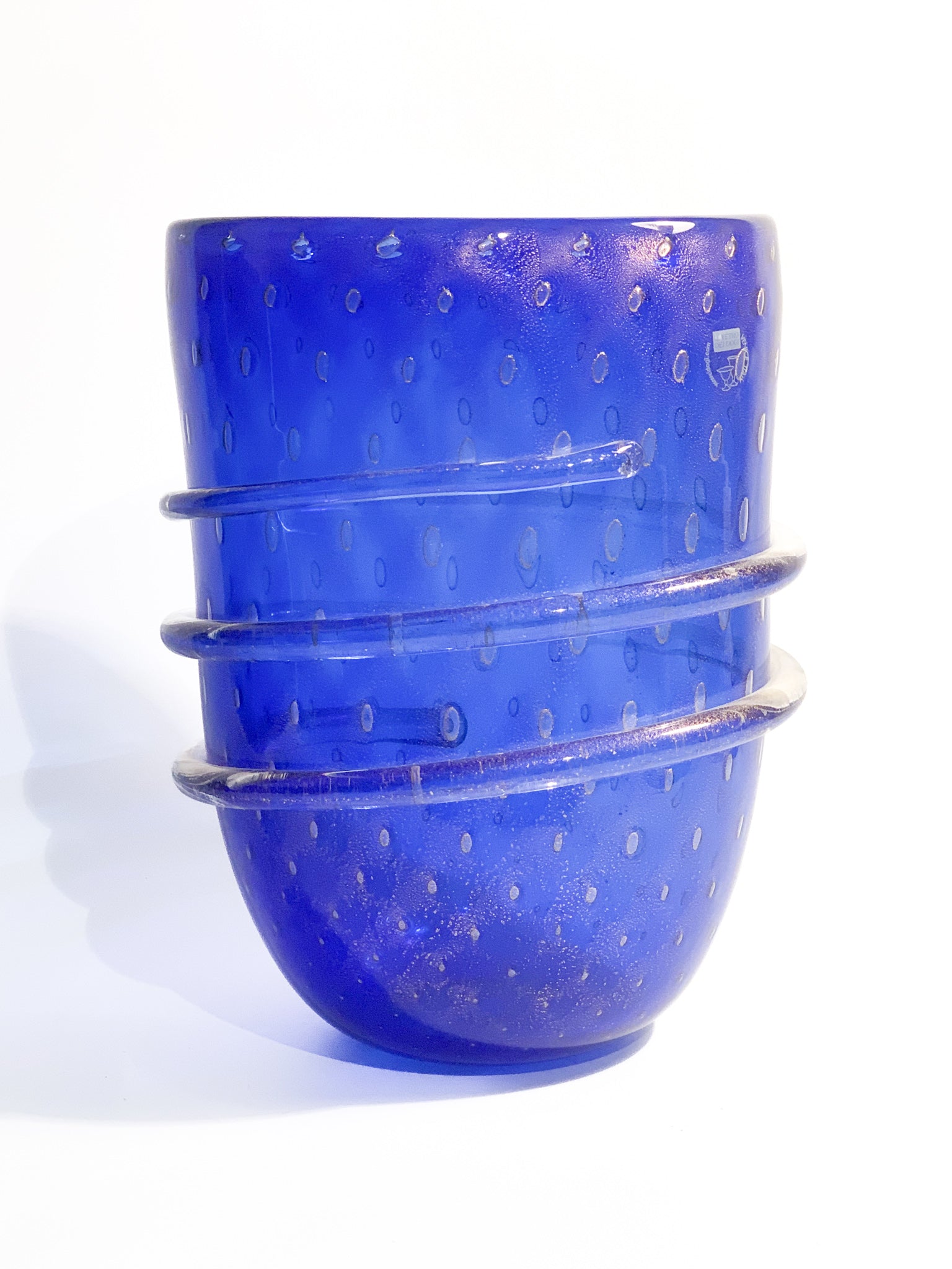 Vaso in Vetro dei Dogi di Murano Blu con Foglia D'Oro Anni 80