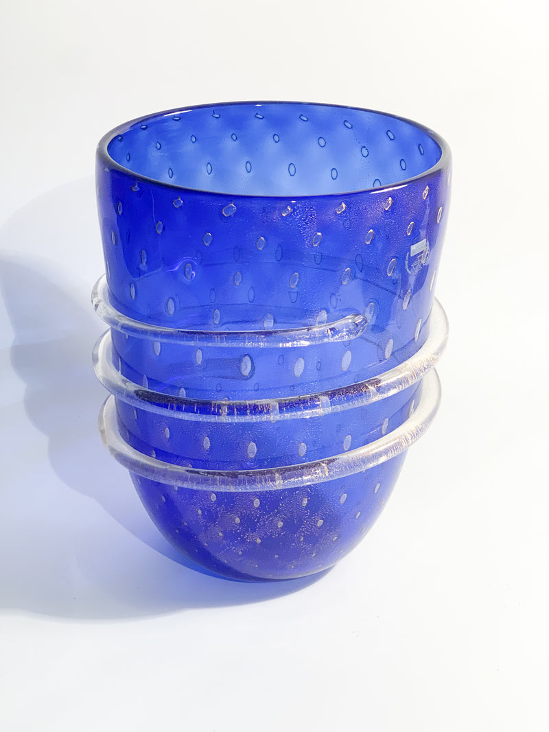 Vaso in Vetro dei Dogi di Murano Blu con Foglia D'Oro Anni 80