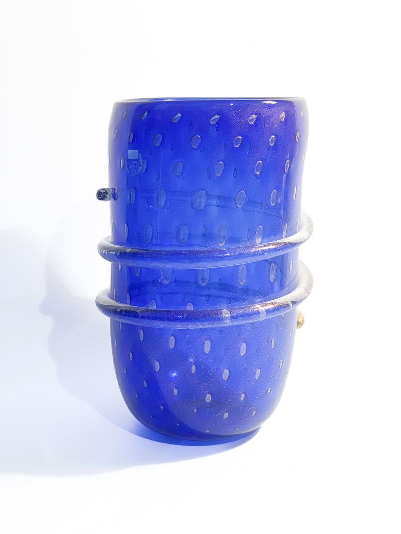 Vaso in Vetro dei Dogi di Murano Blu con Foglia D'Oro Anni 80