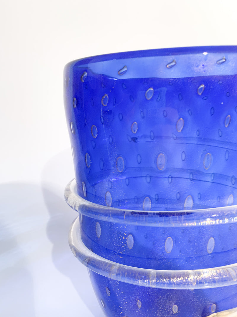 Vaso in Vetro dei Dogi di Murano Blu con Foglia D'Oro Anni 80