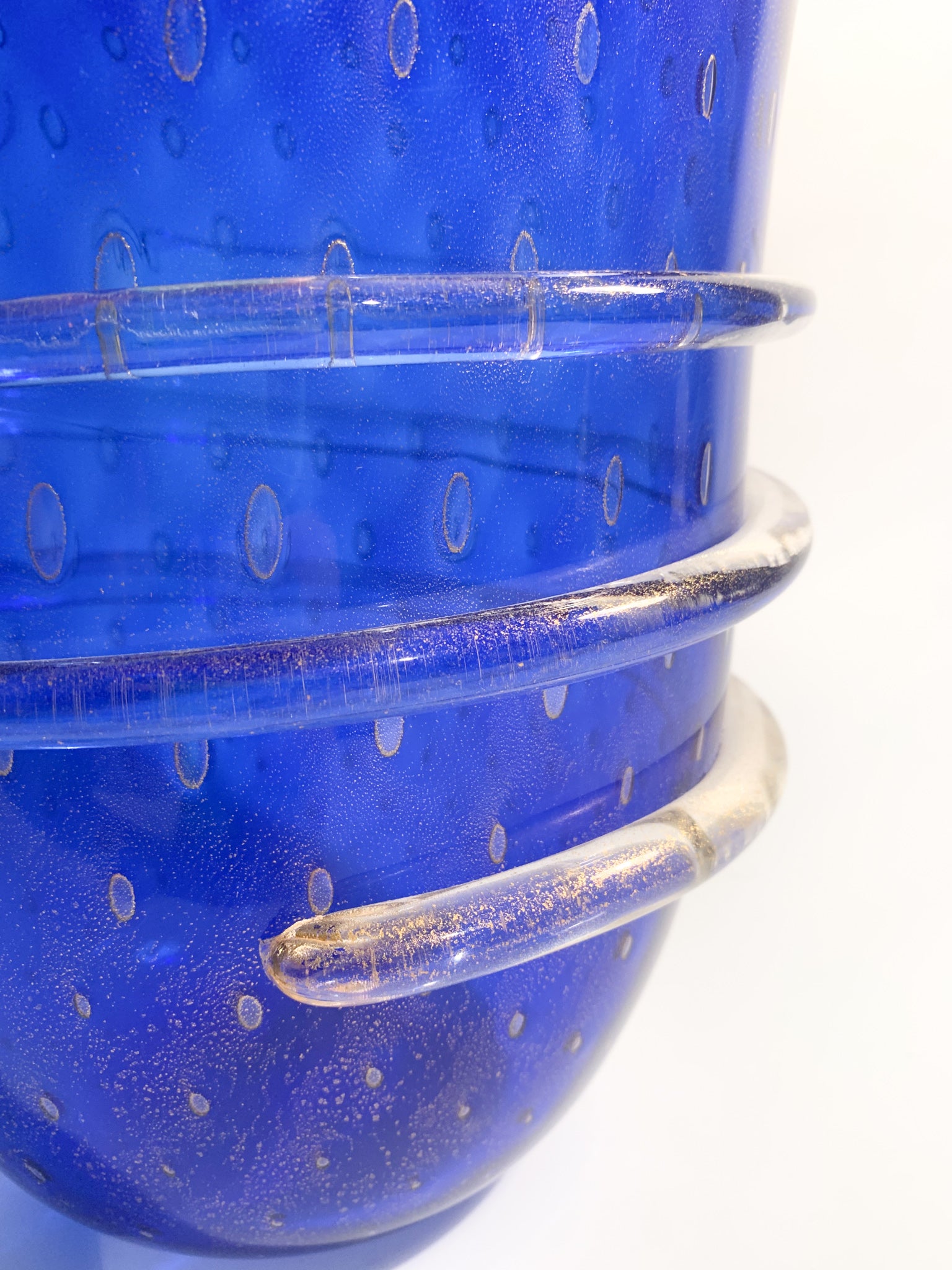 Vaso in Vetro dei Dogi di Murano Blu con Foglia D'Oro Anni 80