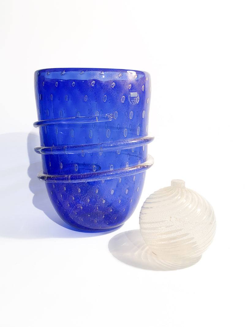 Vaso in Vetro dei Dogi di Murano Blu con Foglia D'Oro Anni 80