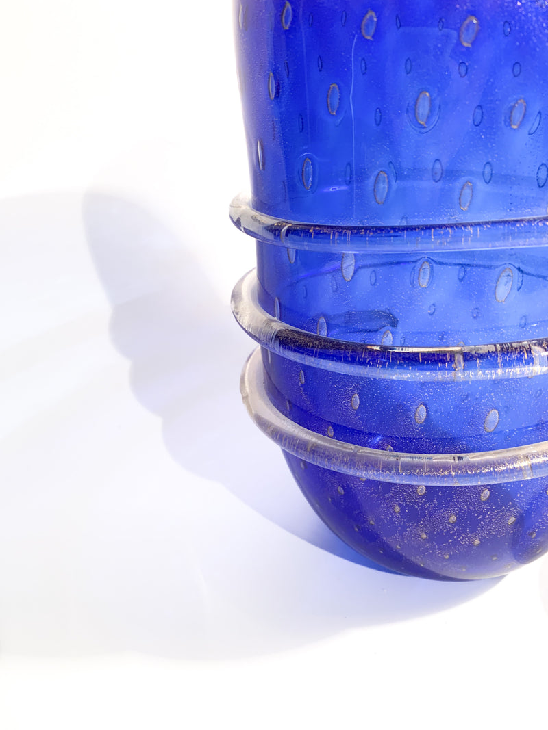 Vaso in Vetro dei Dogi di Murano Blu con Foglia D'Oro Anni 80