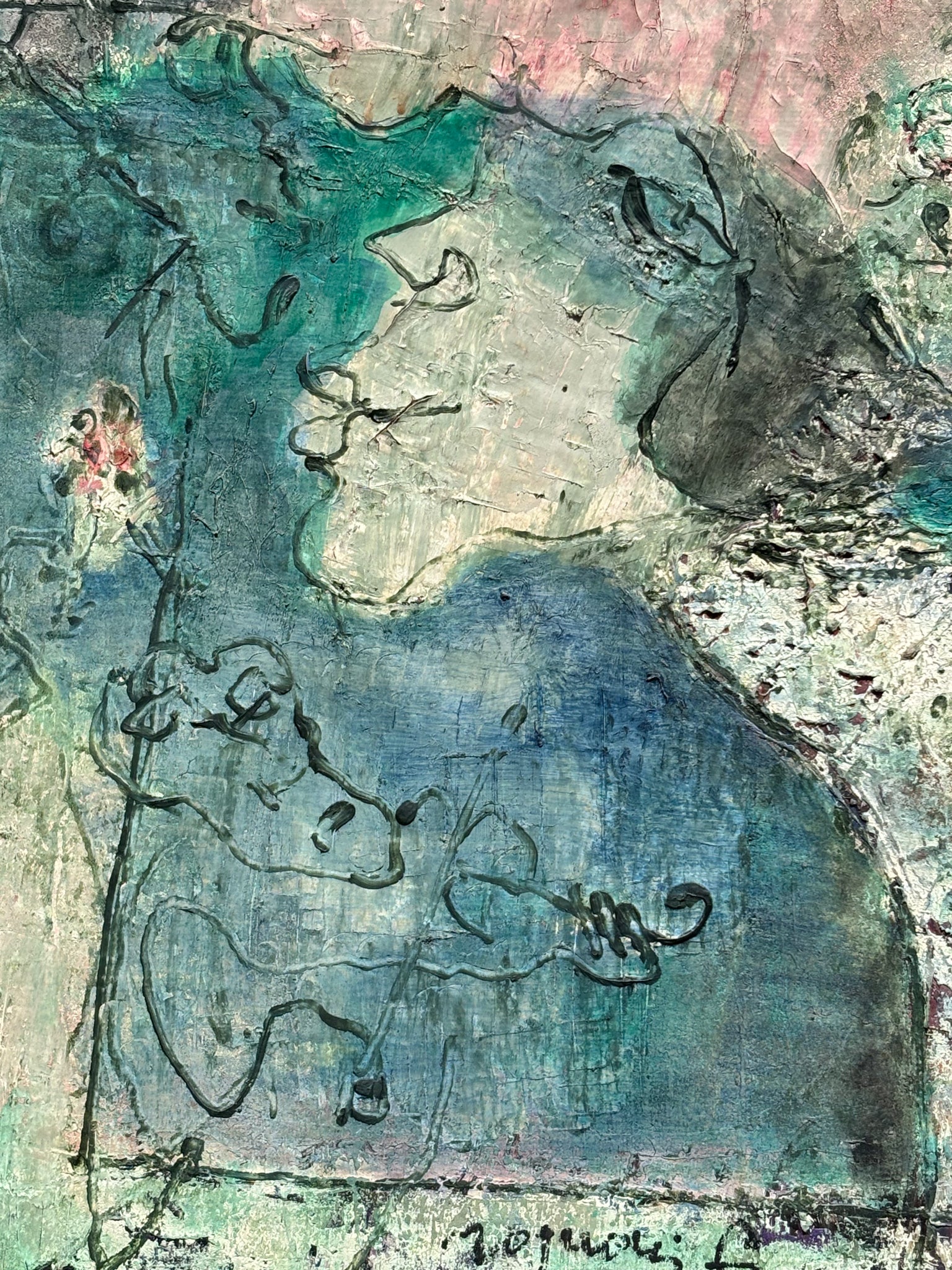 Oil Painting on Canvas by Franco Rognoni with Lady with Suitors from 1974