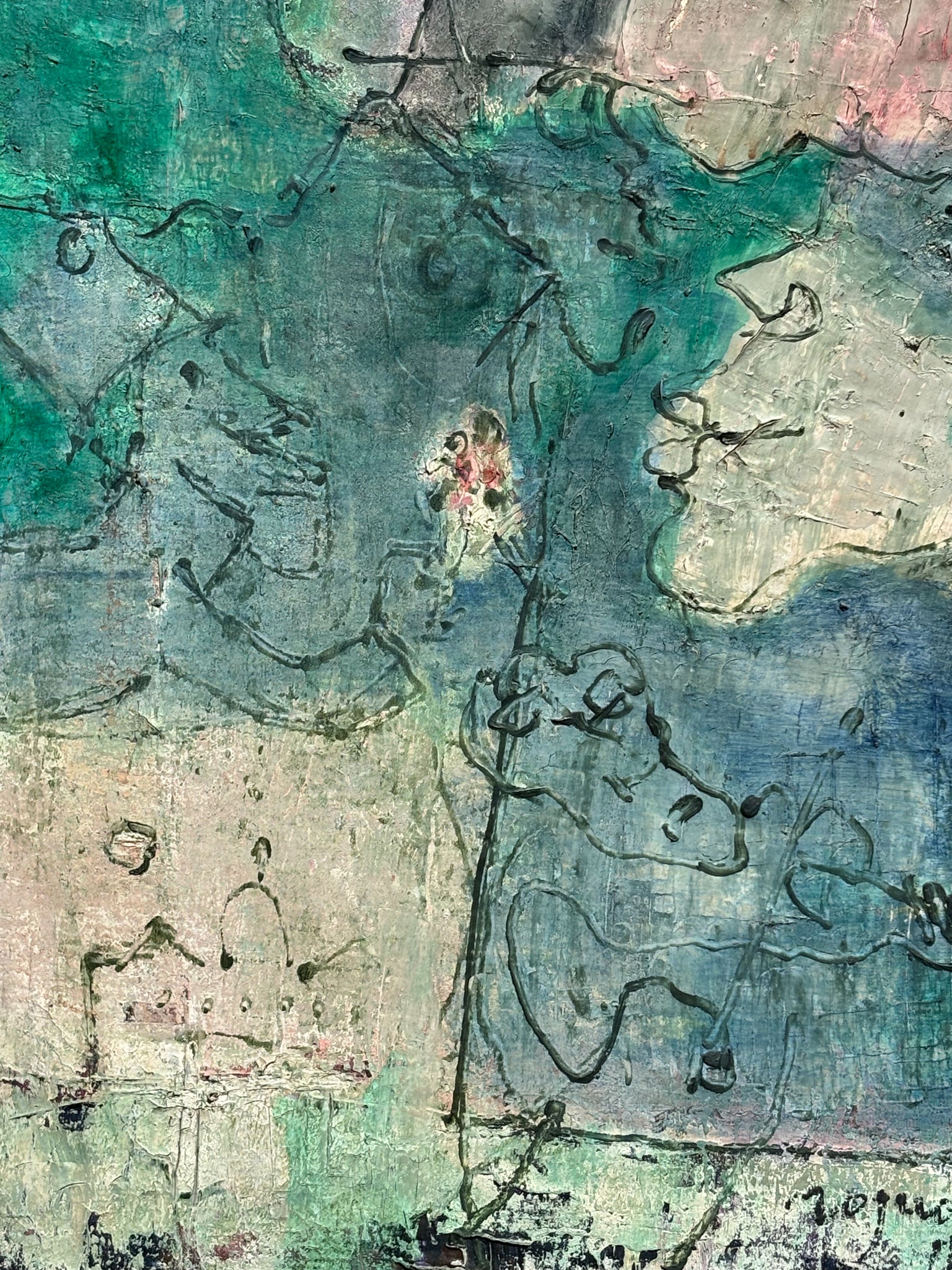 Oil Painting on Canvas by Franco Rognoni with Lady with Suitors from 1974