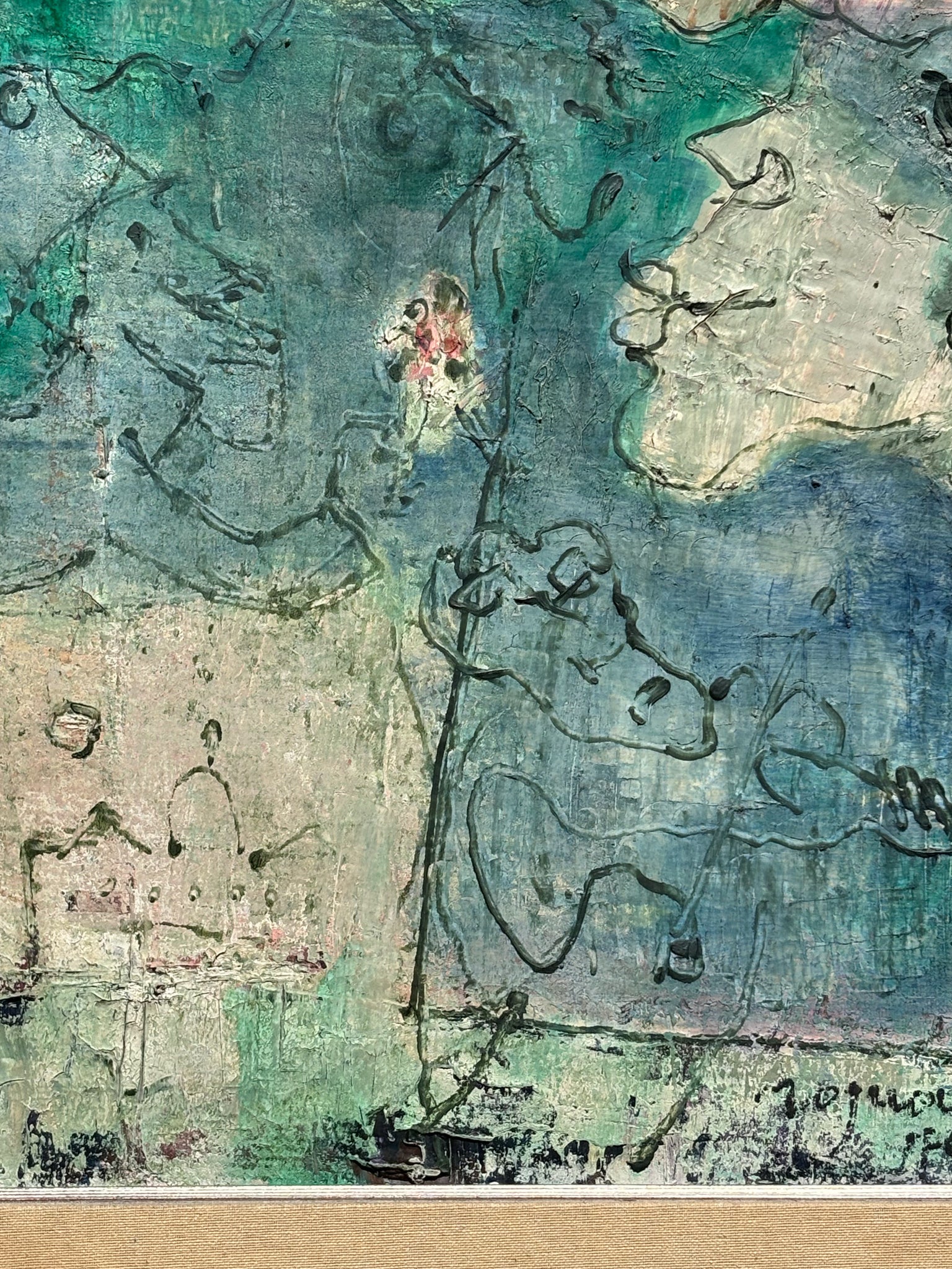 Oil Painting on Canvas by Franco Rognoni with Lady with Suitors from 1974