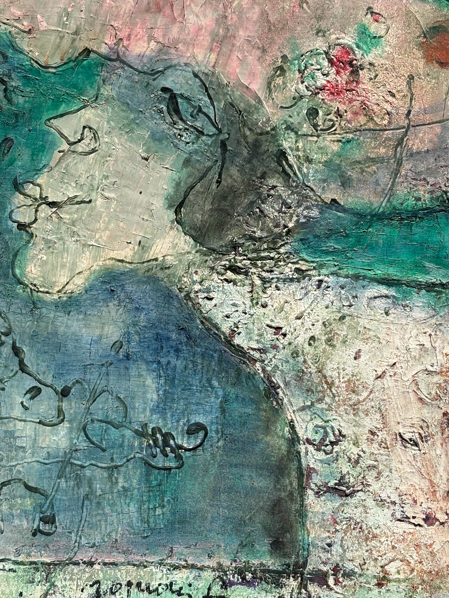 Oil Painting on Canvas by Franco Rognoni with Lady with Suitors from 1974