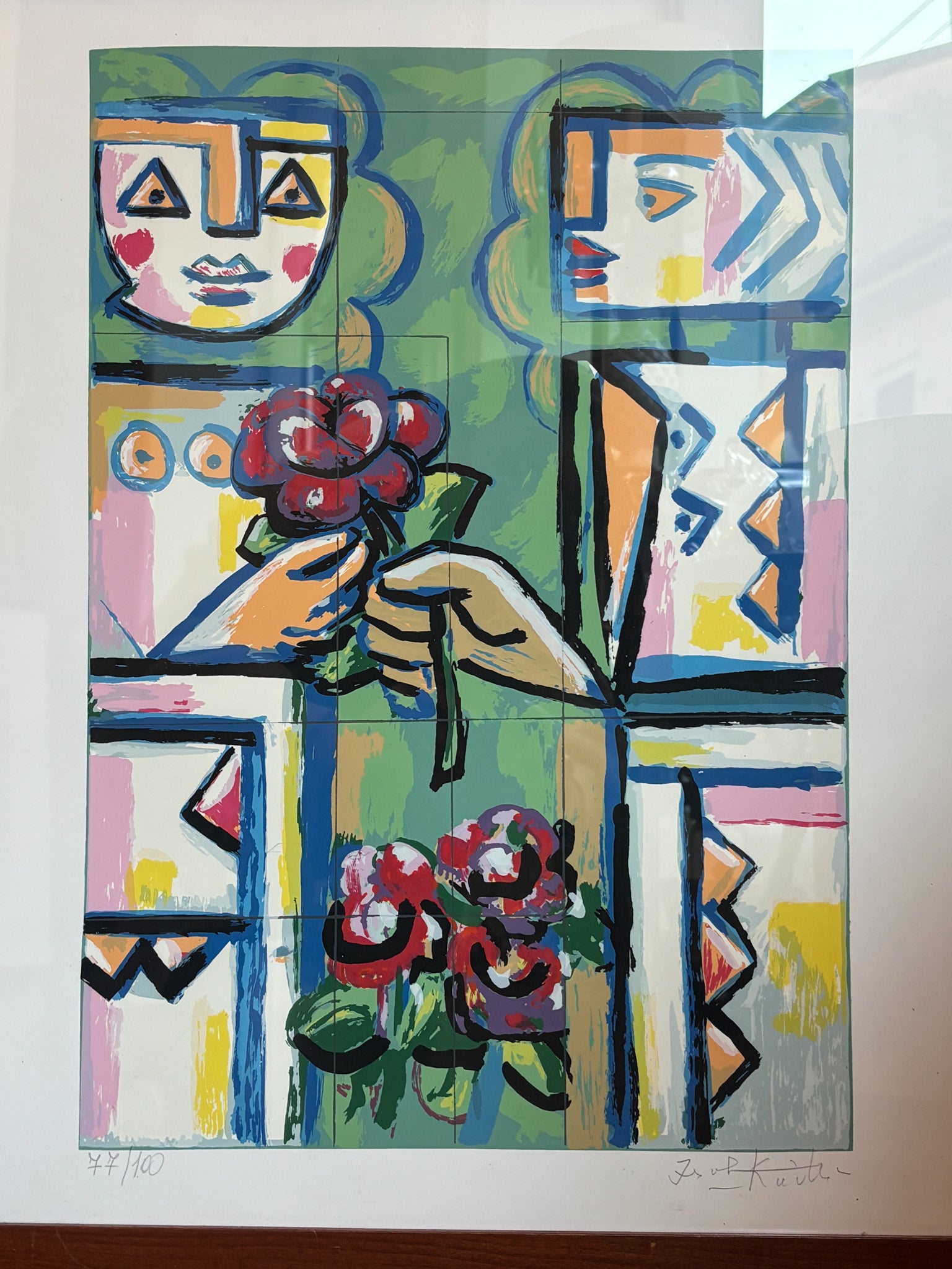 Litografia a Colori "Le Diedi Una Rosa" di Ibrahim Kodra Anni 70