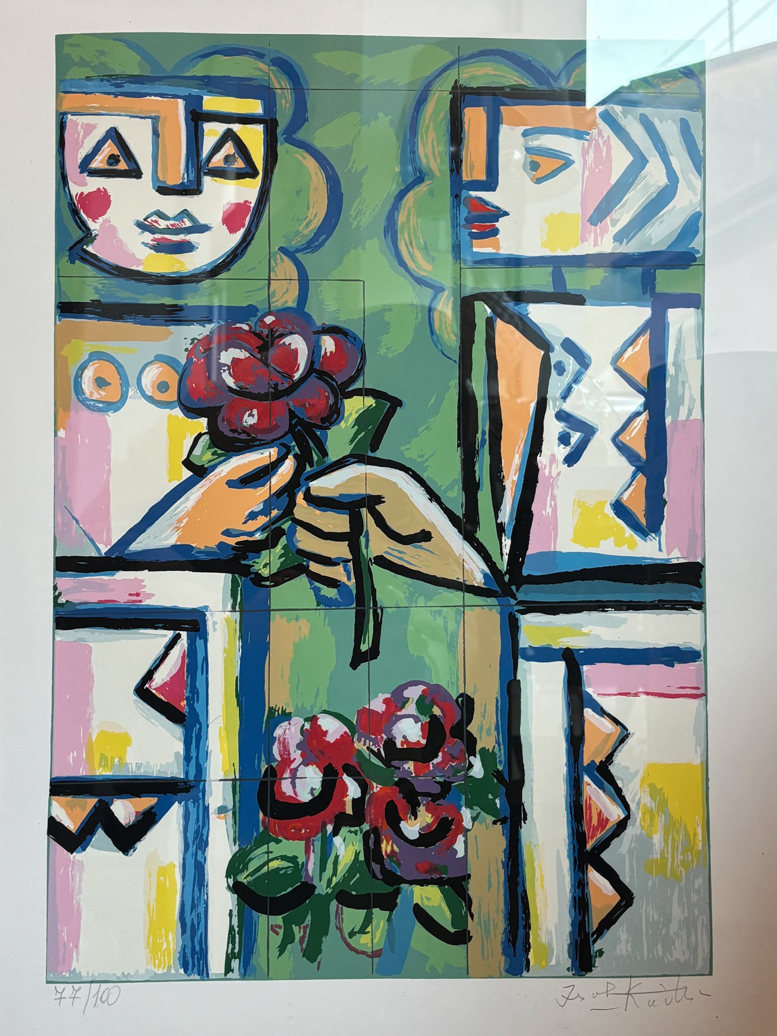 Litografia a Colori "Le Diedi Una Rosa" di Ibrahim Kodra Anni 70