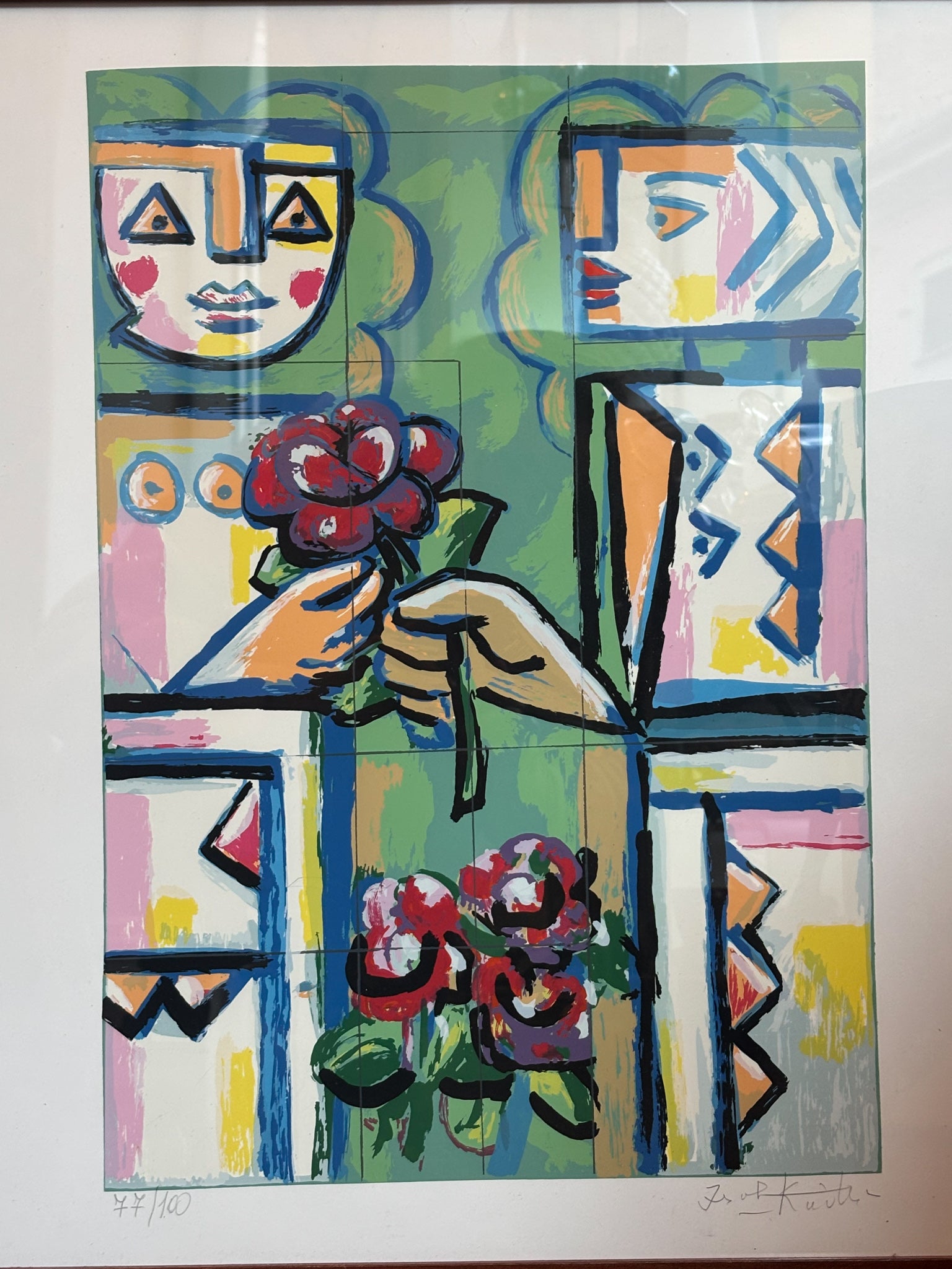 Litografia a Colori "Le Diedi Una Rosa" di Ibrahim Kodra Anni 70