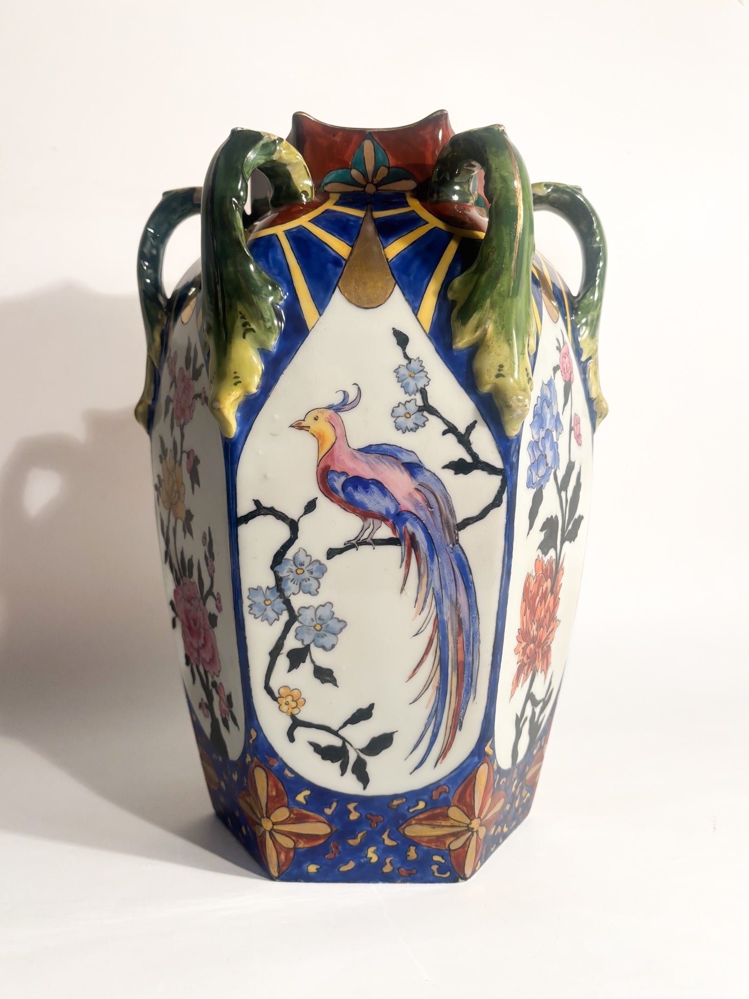 Vaso in Ceramica Ceco Slovacca con Anse e Motivi Floreali Anni 60