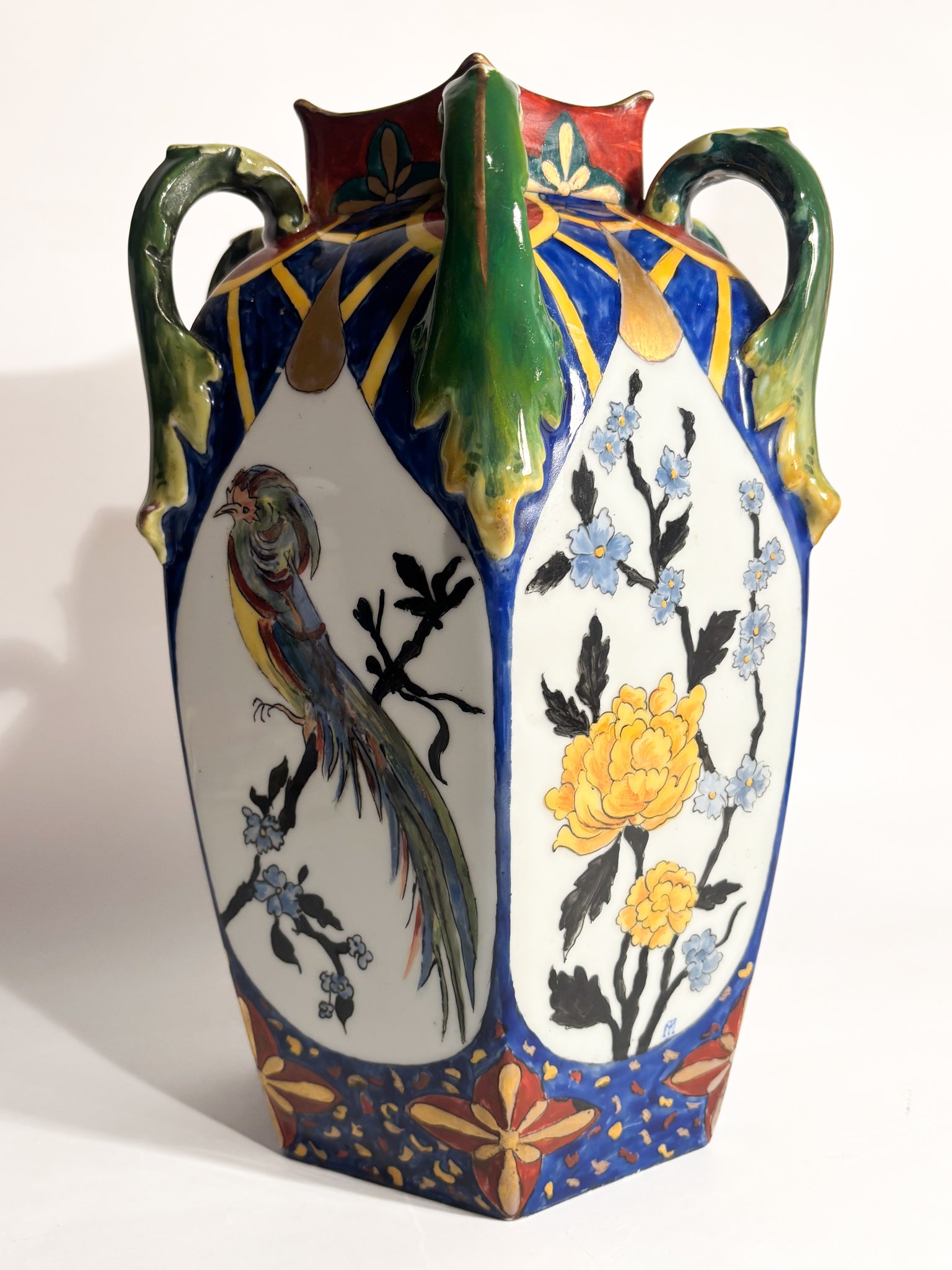 Vaso in Ceramica Ceco Slovacca con Anse e Motivi Floreali Anni 60