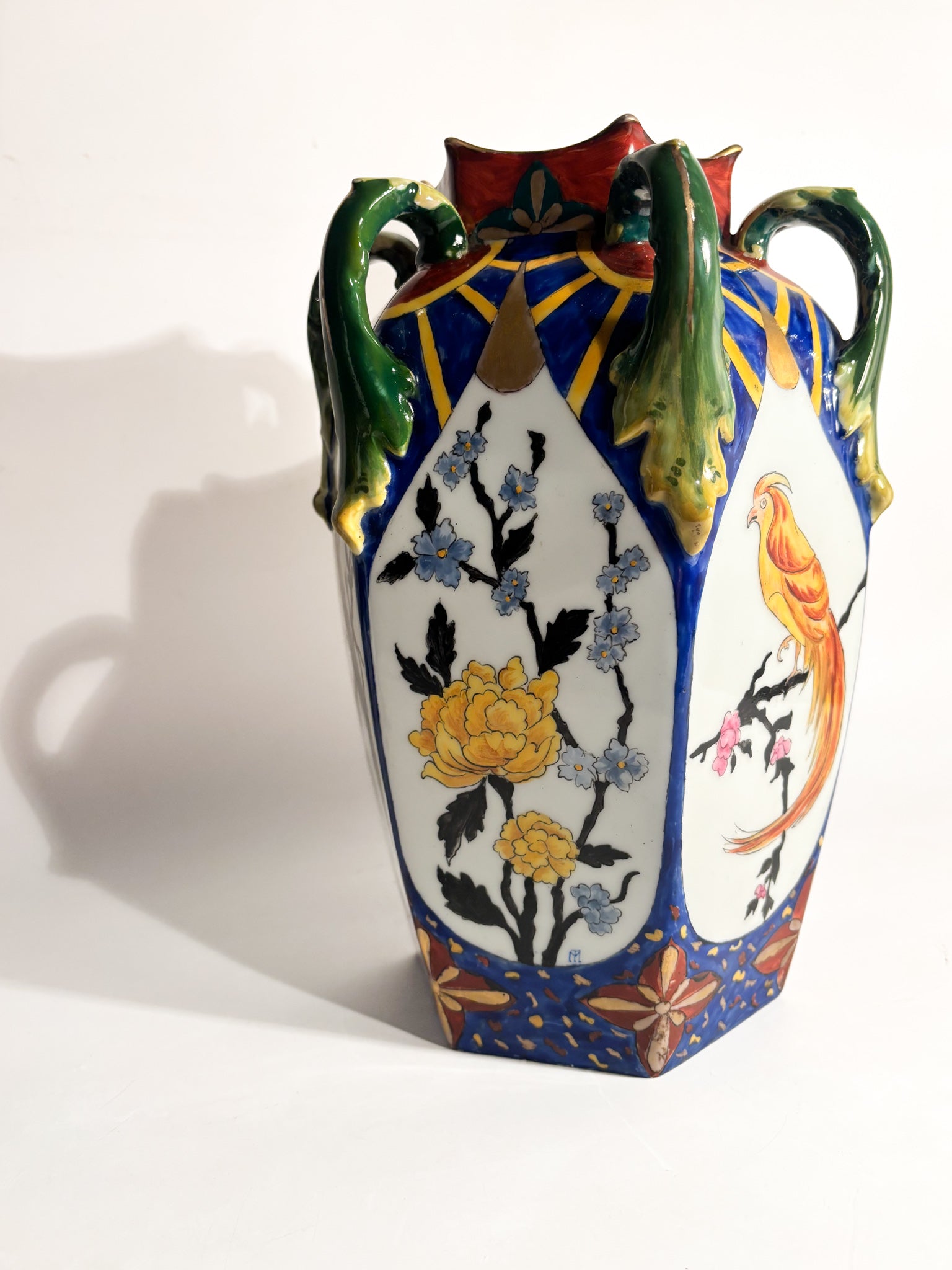 Vaso in Ceramica Ceco Slovacca con Anse e Motivi Floreali Anni 60