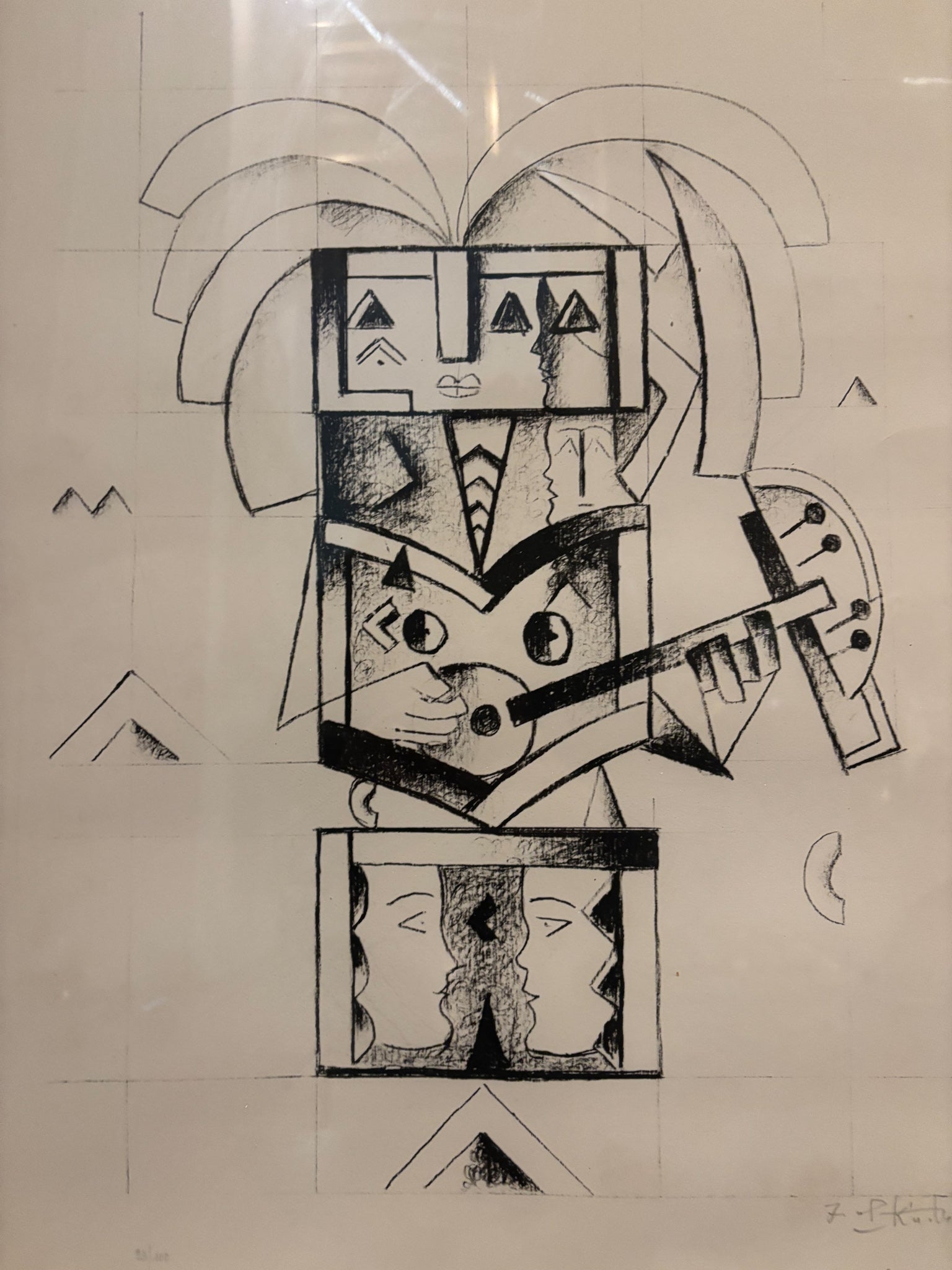 Black and White Lithograph of Musician by Ibrahim Kodra 1970s