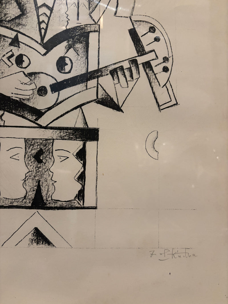 Litografia in Bianco e Nero di Musicista di Ibrahim Kodra Anni 70