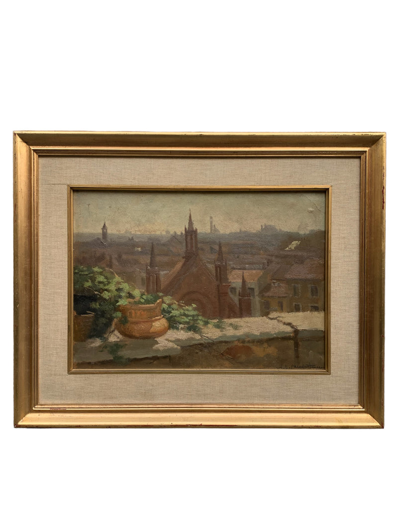 Oil Painting on Panel "Milan from the Terrace" by Alcide Ernesto Campestrini, 1950s
