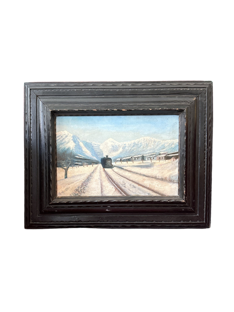 Oil painting on wood by Clusone with Leonardi's train from 1928-1929