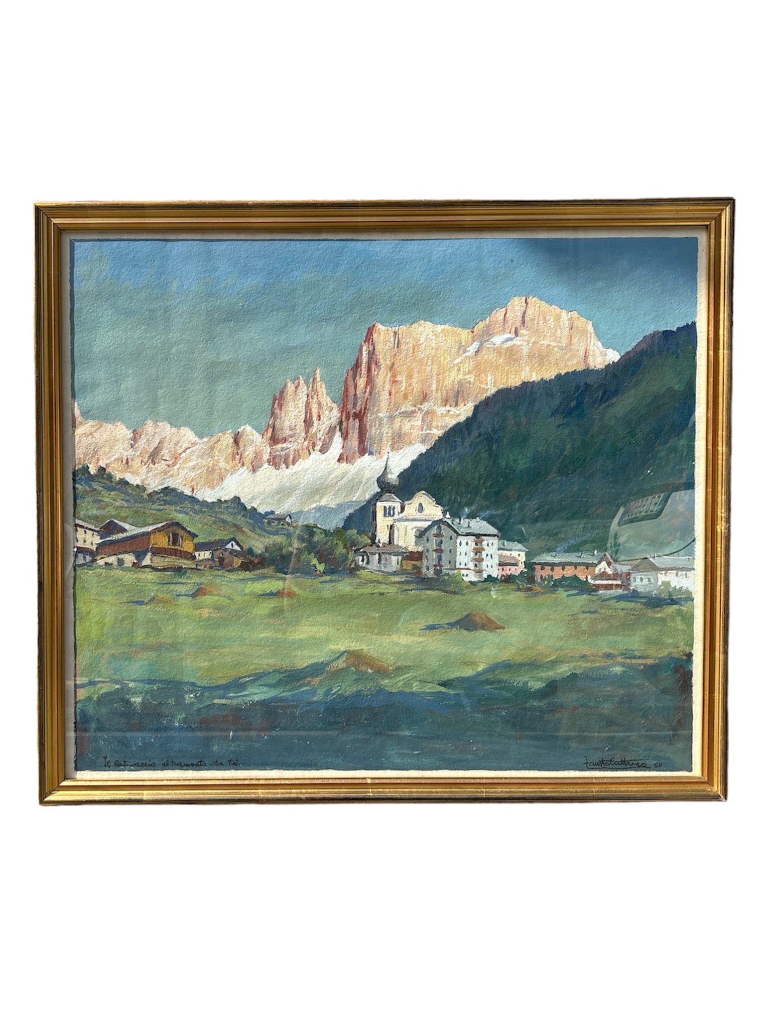 Tempera Paper Painting 'The Catenaccio at Sunset from Fiè' by Fausto Cattaneo from 1950