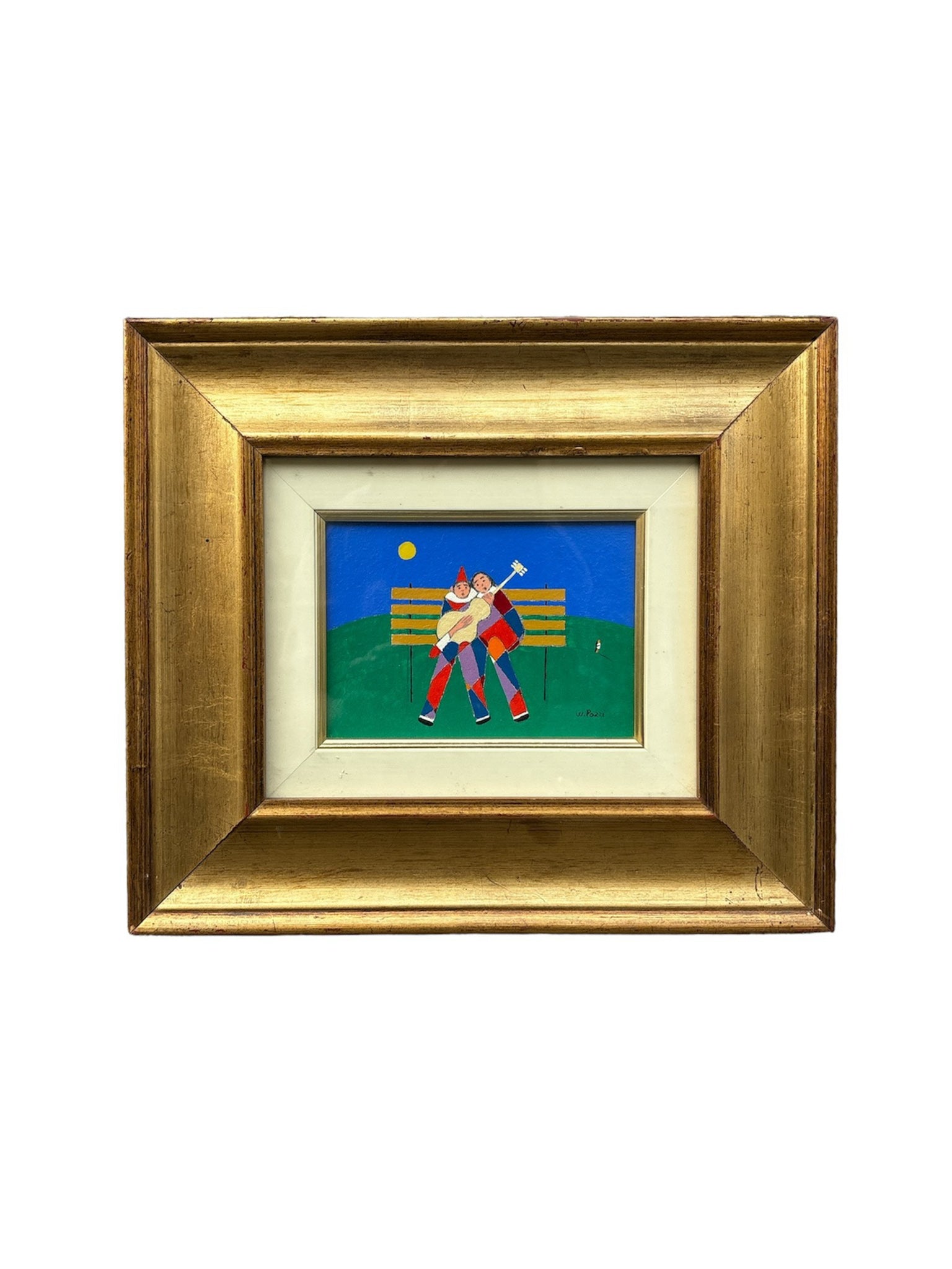 Oil on Panel Painting of Harlequin by Walter Pozzi, 1970s