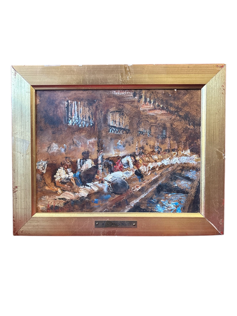 Oil Painting on Cardboard of a Traditional Milanese Scene by Antonio Vettore Cargnel Early Twentieth Century