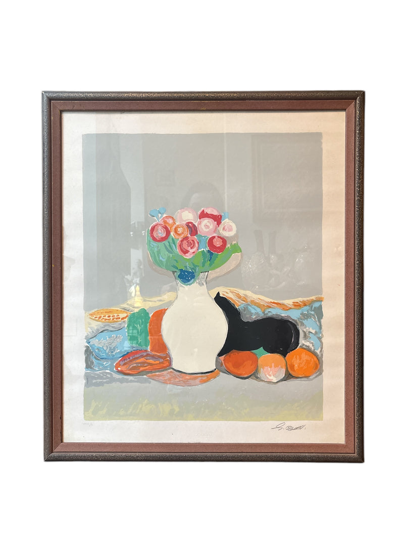 Lithograph of Still Life with Vase of Flowers by Giuseppe Cesetti 1960s