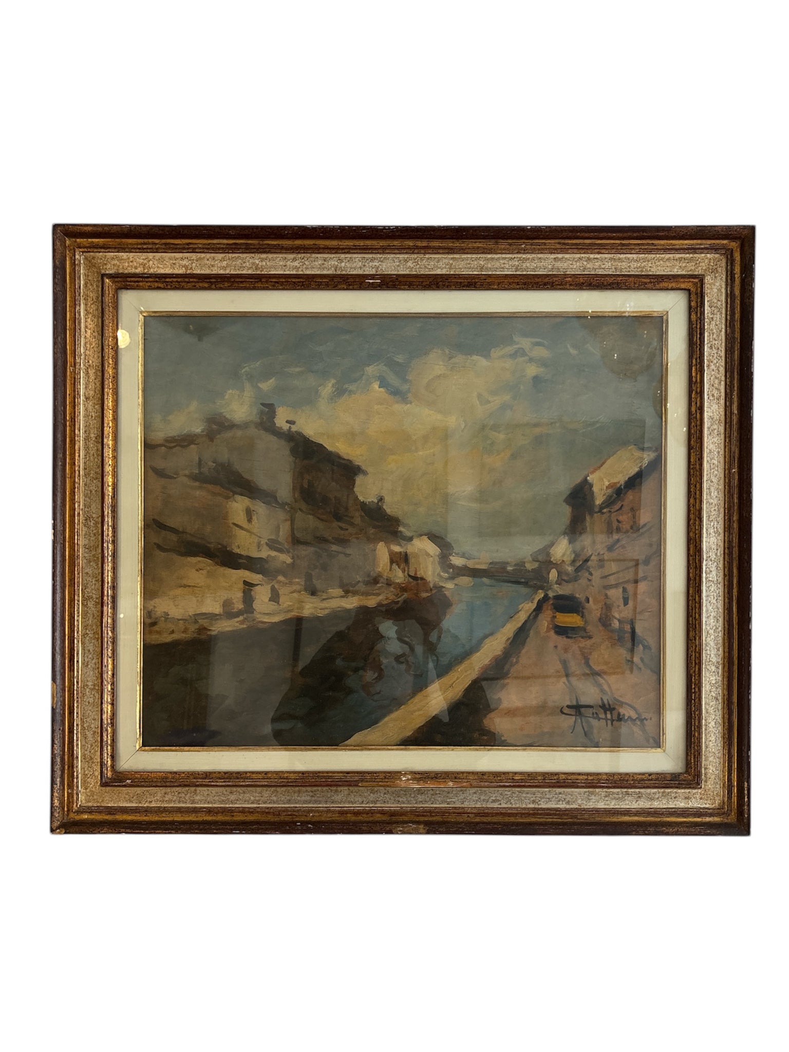 Oil Painting on Canvas of Navigli of Milan by Achille Cattaneo Early Twentieth Century