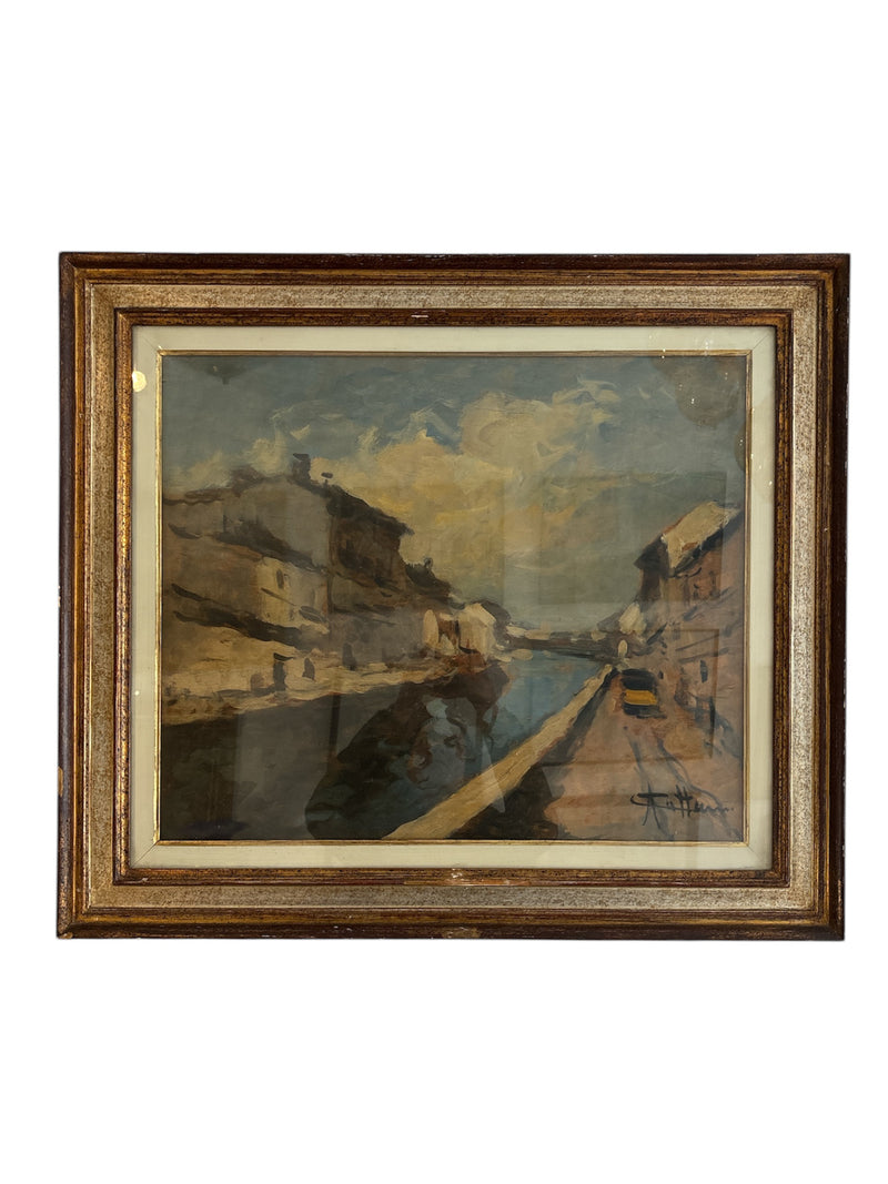 Dipinto Olio su Tela di Navigli di Milano di Achille Cattaneo Primi Novecento