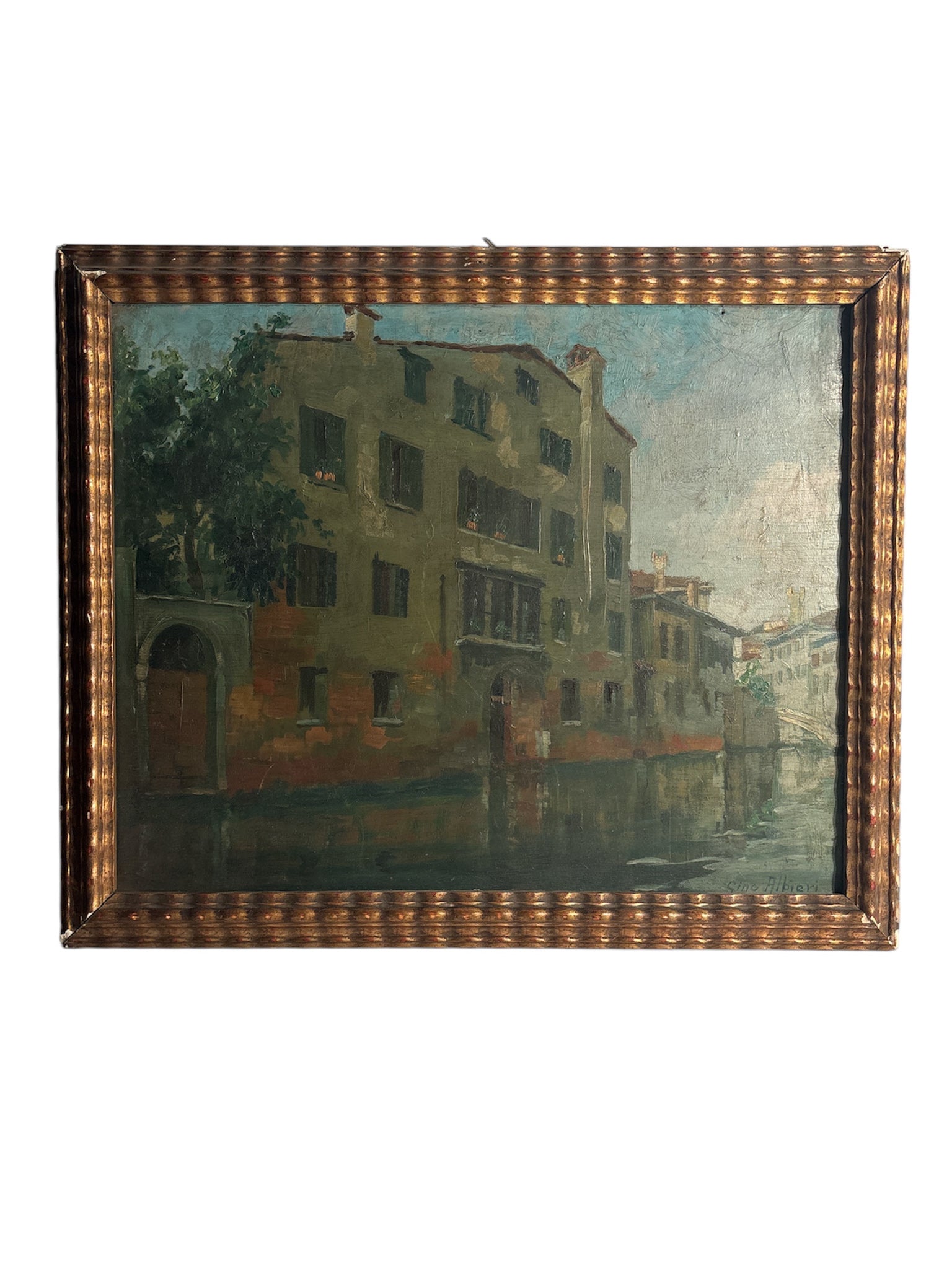Oil Painting on Board of Venice Canal by Gino Albieri 1920s
