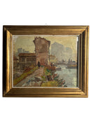 Oil Painting on Panel of Landscape with Figures by Achille Cavalieri 1920s