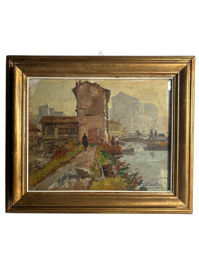 Oil Painting on Panel of Landscape with Figures by Achille Cavalieri 1920s