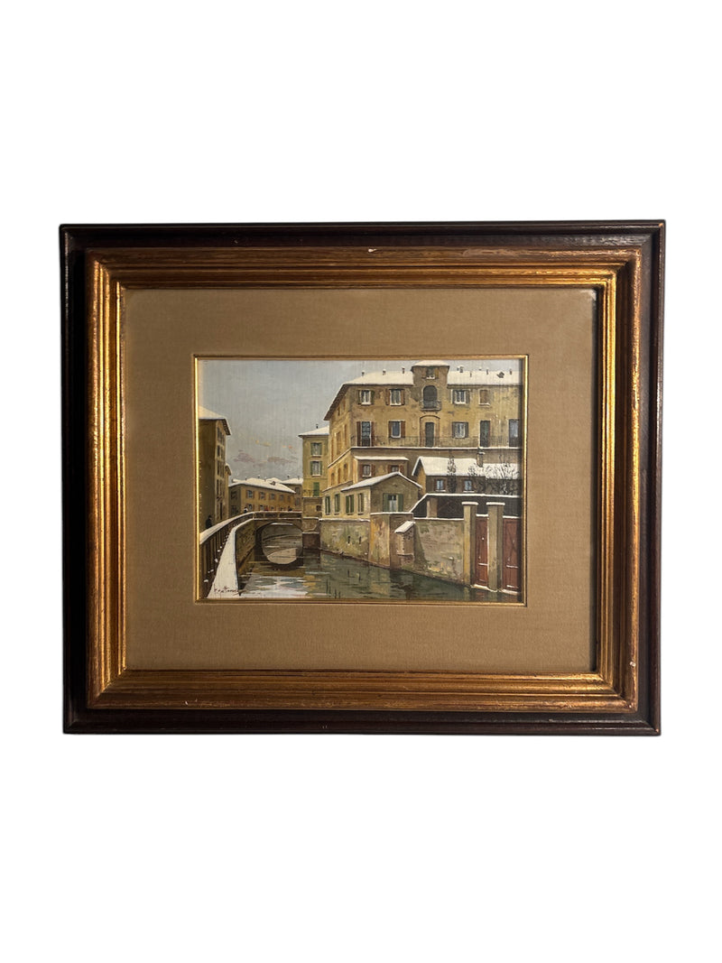 Oil Painting on Panel of Navigli of Milan 1950s