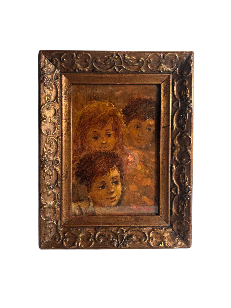 Oil Painting on Panel of Three Faces of Children by Salvatore Balsamo Early Twentieth Century