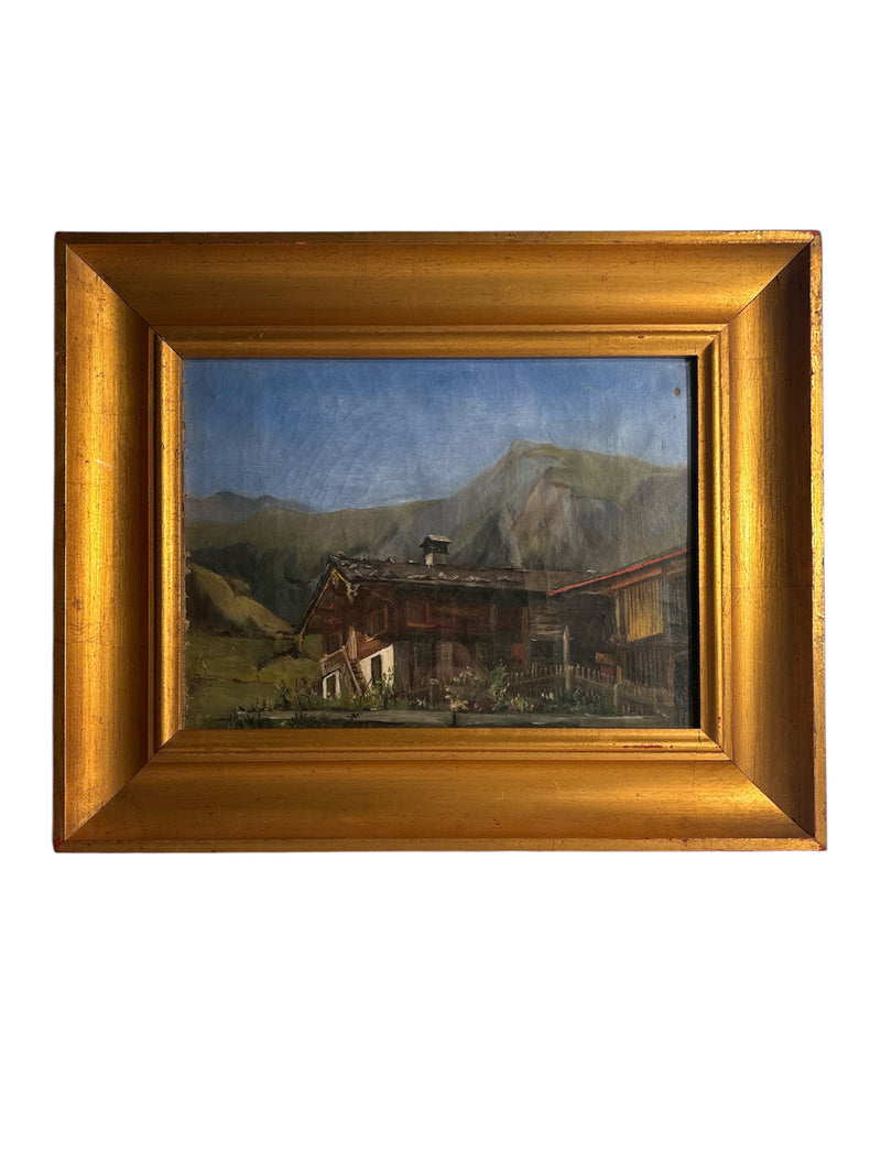 Oil Painting on Cardboard of Mountain Lodge 1950s