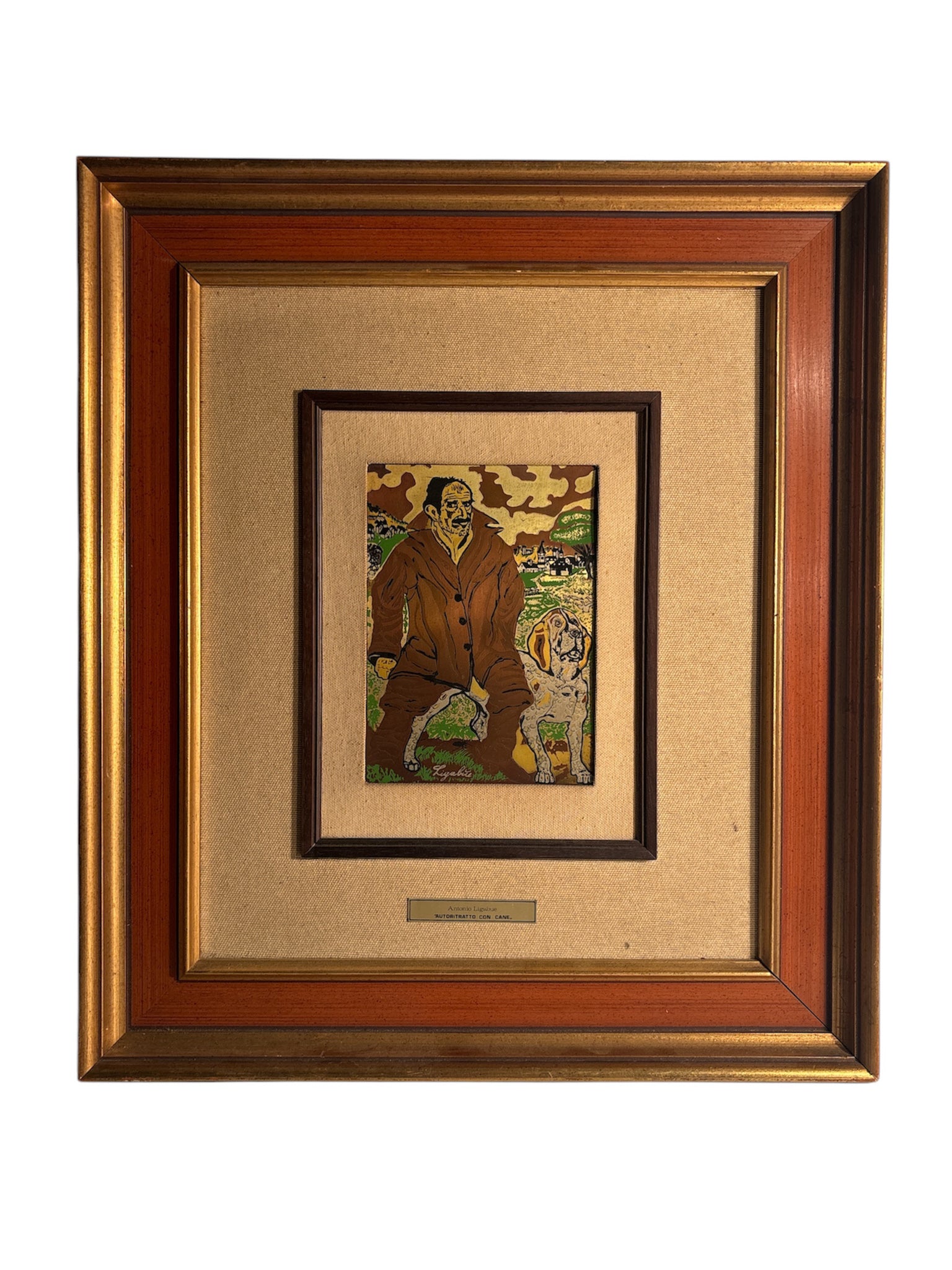 Multiplo on Silver Plate "Self-Portrait with Dog" by Antonio Ligabue 1940s