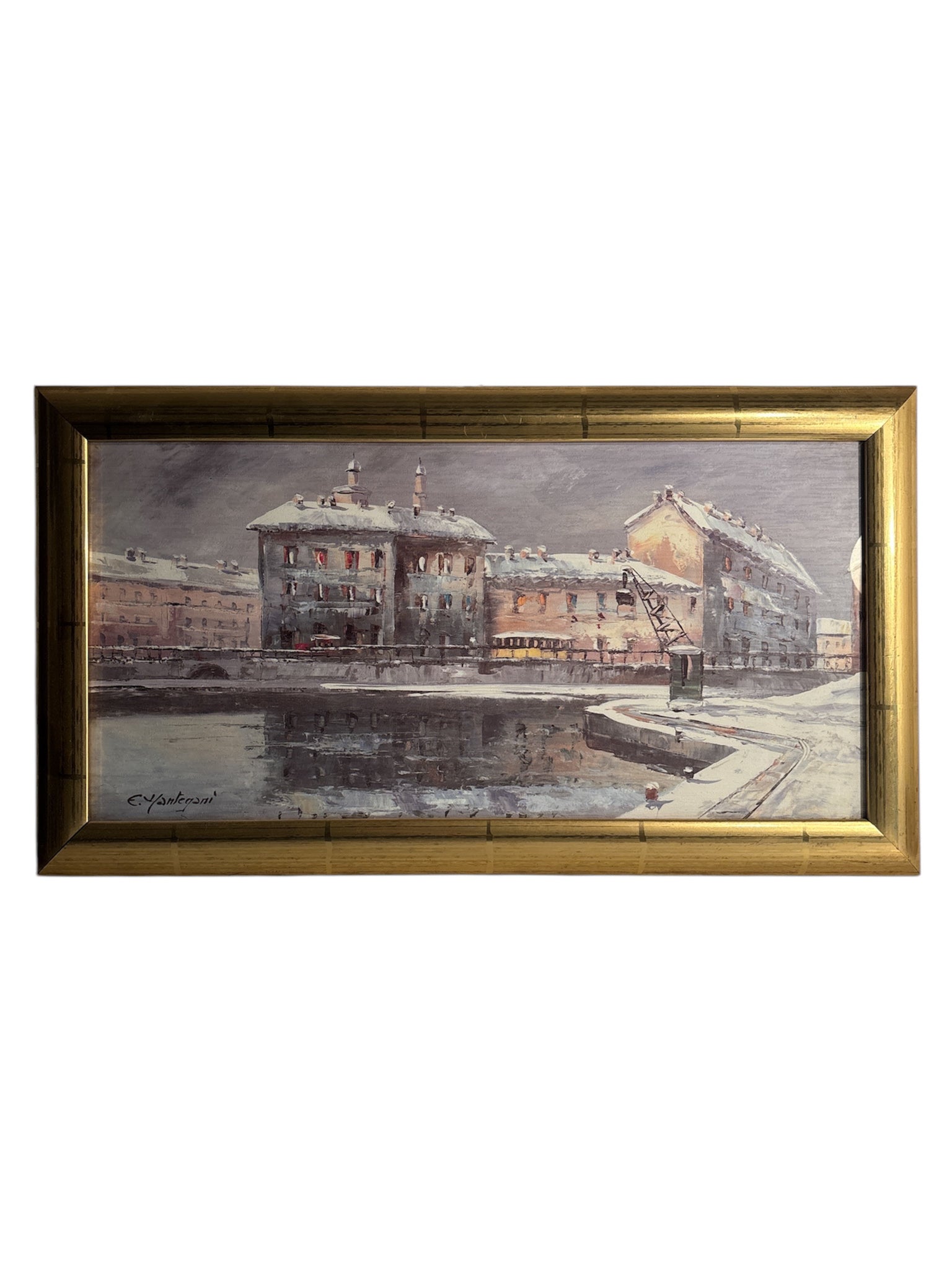 Oil Painting on Cardboard of Naviglio in Milan by Eugenio Mantegani 1980s