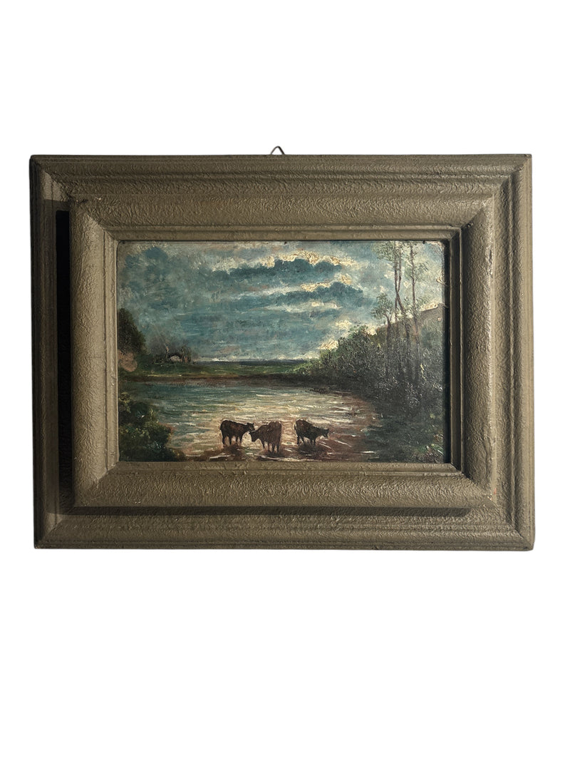 Oil Painting on Panel of Cows at Sunset 1950s