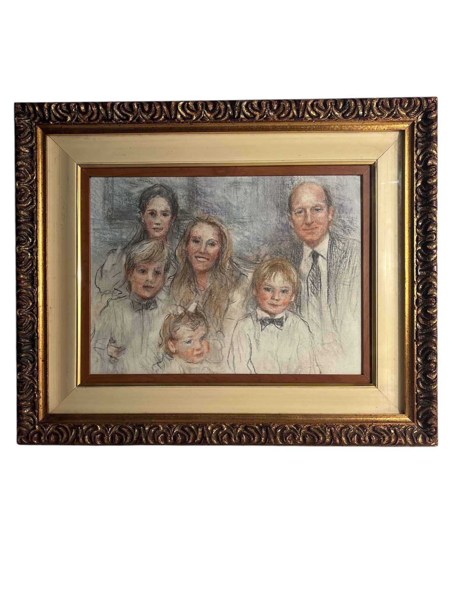 Pastel Painting Portrait of the Suchard Family by Attilio Melo 1960s