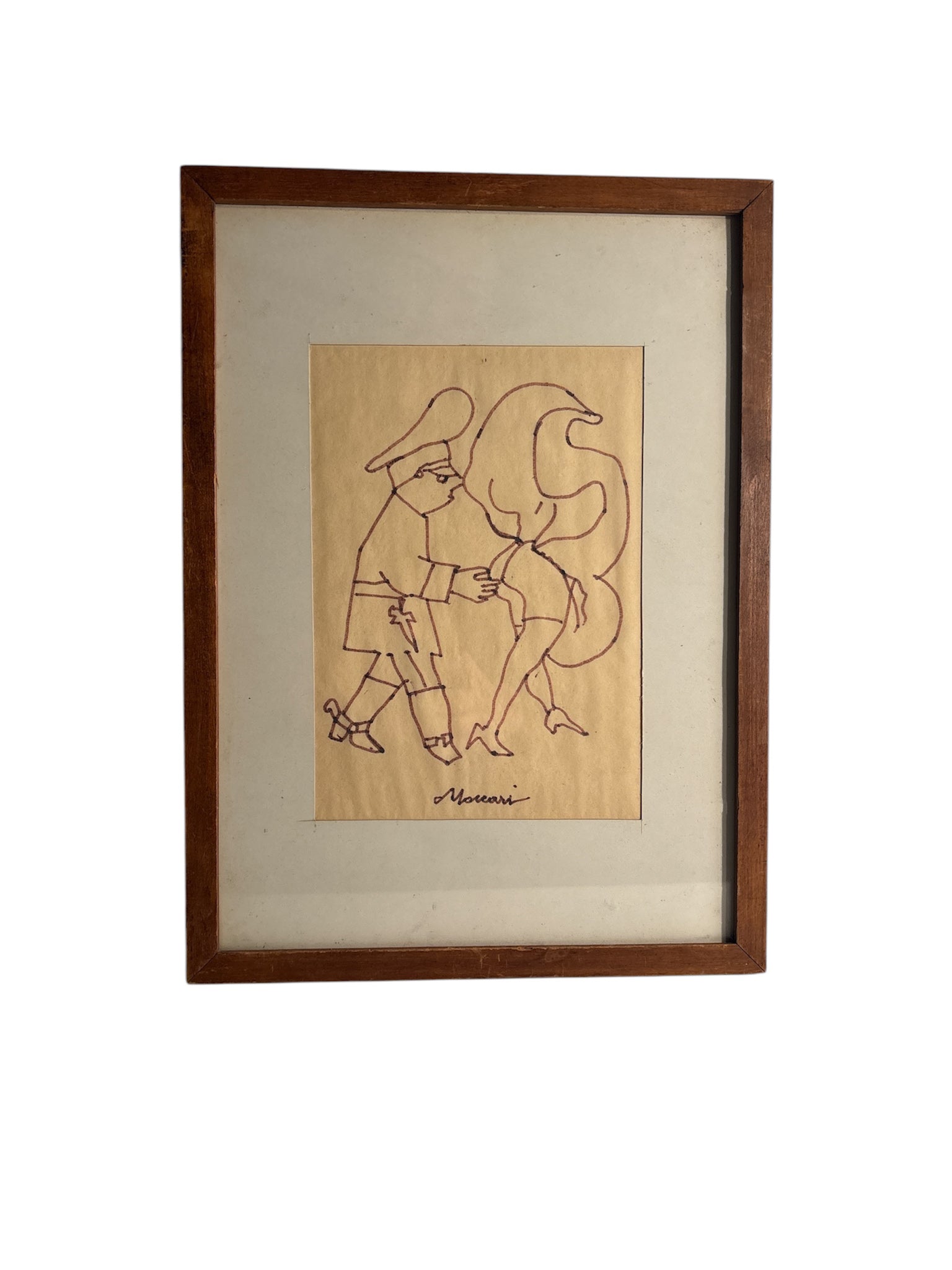 Ink drawing of Policeman with Lady by Mino Maccari 1970s