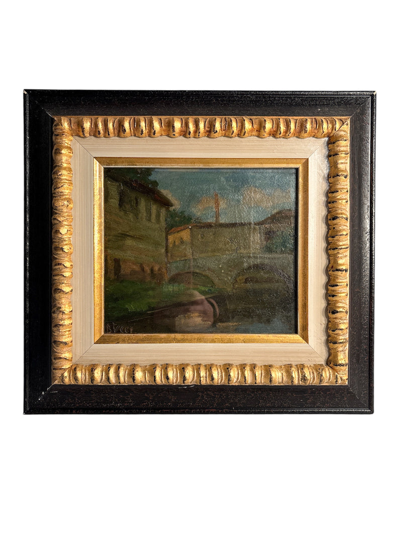 Oil Painting on Cardboard of Bridge over River of Brecci