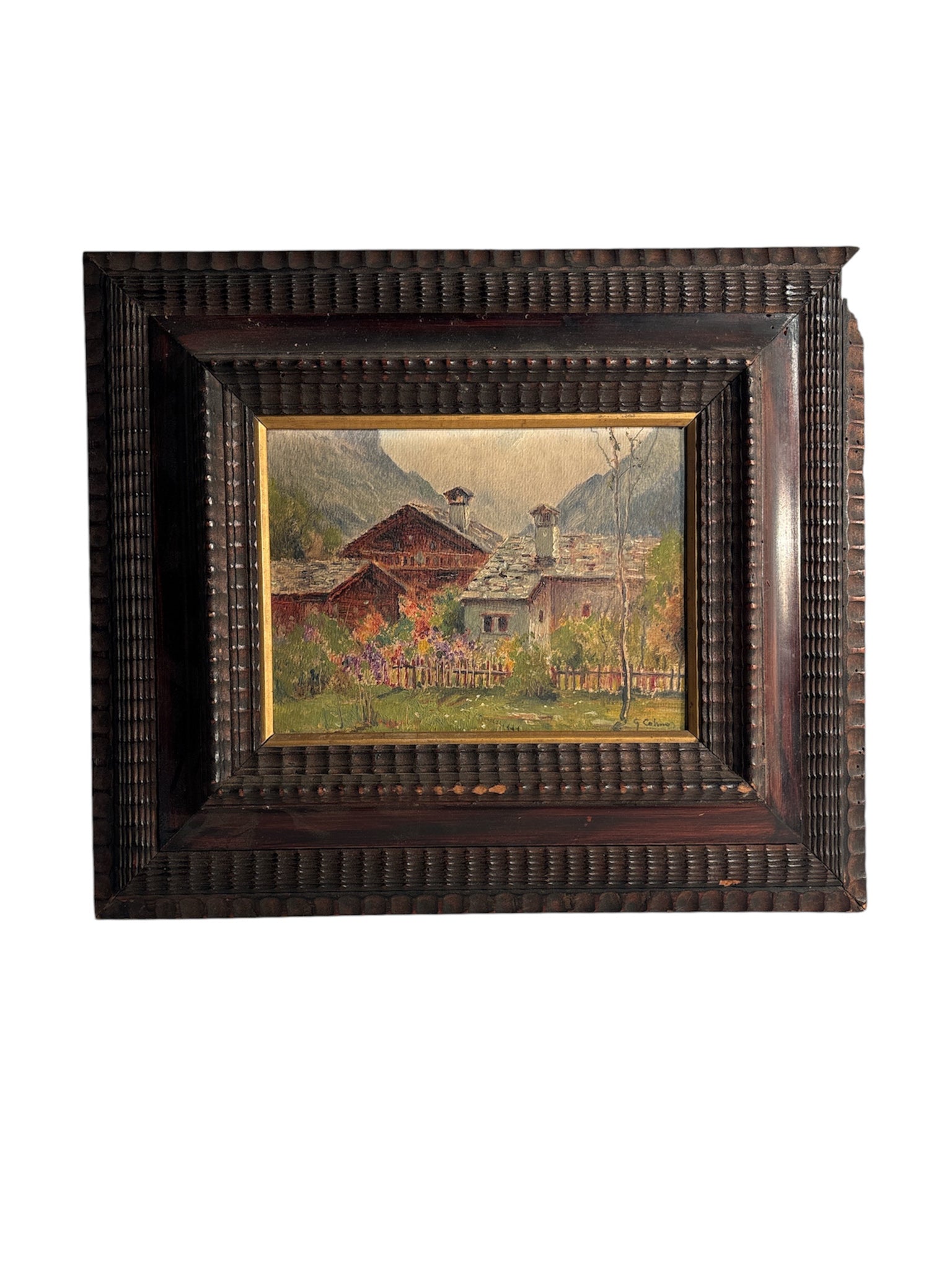 Oil Painting on Cardboard of Mountain Huts by G. Colino 1950s