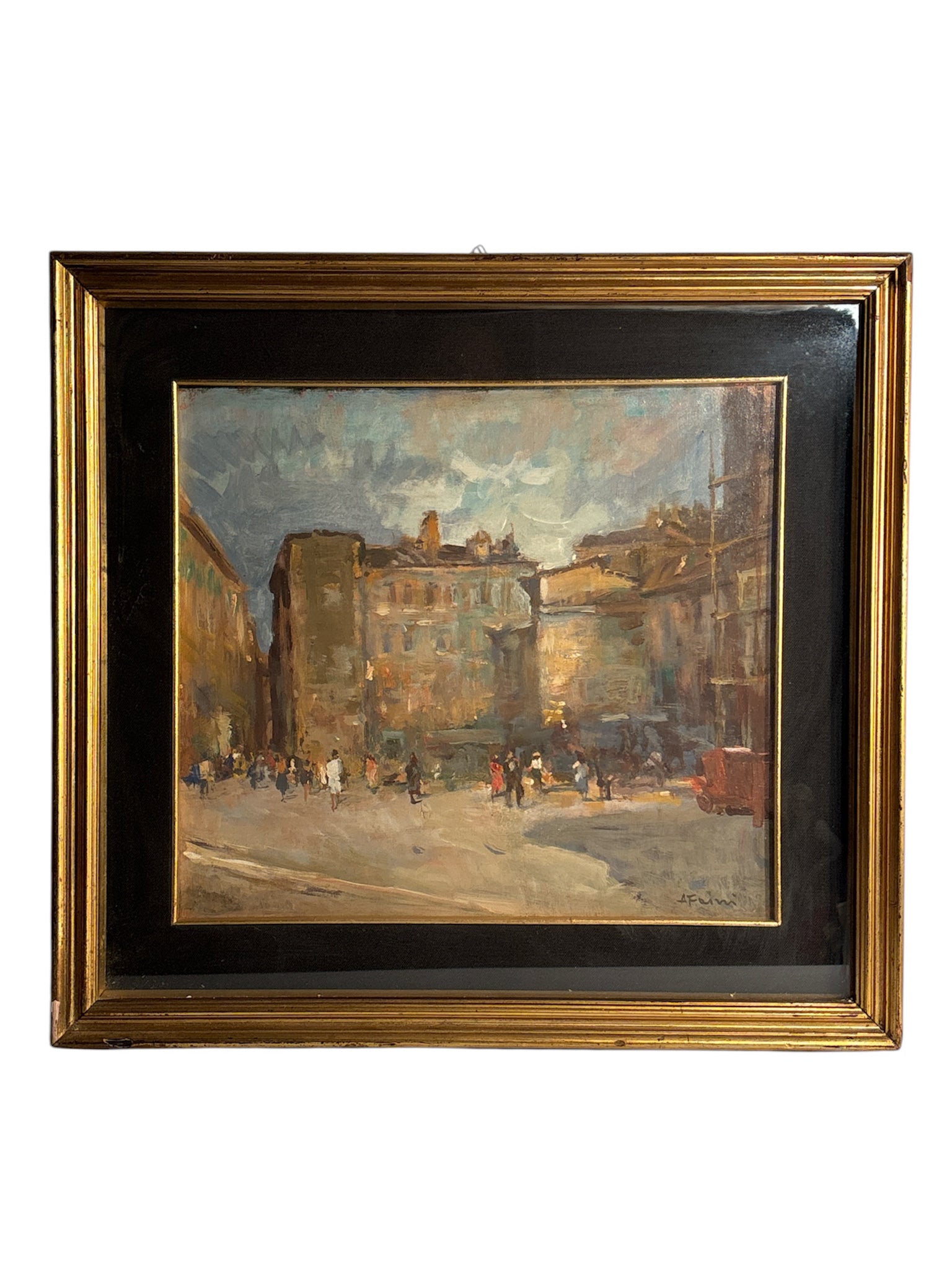 Oil Painting on Panel of Urban Landscape by A. Faini 1950s