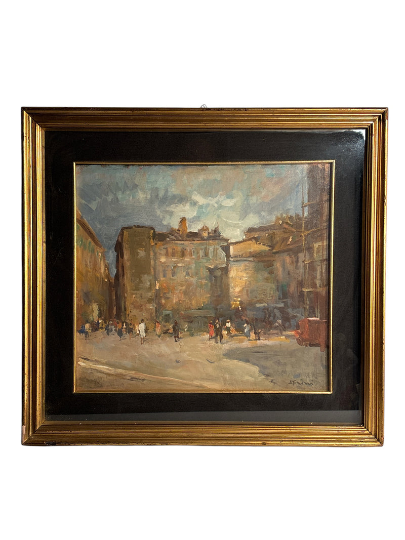 Dipinto Olio su Tavola di Paesaggio Cittadino di A. Faini Anni 50