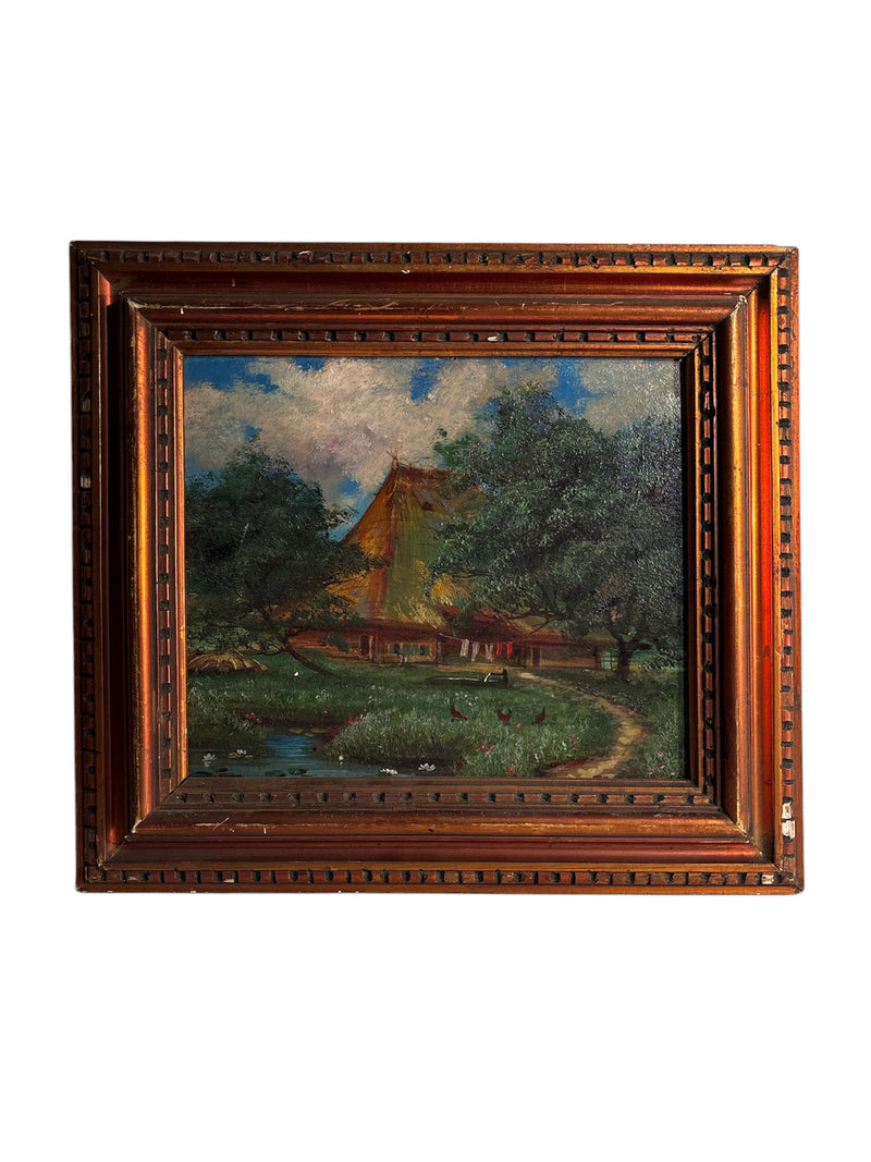 Oil Painting on Cardboard of Swiss Landscape with Chalet 1950s