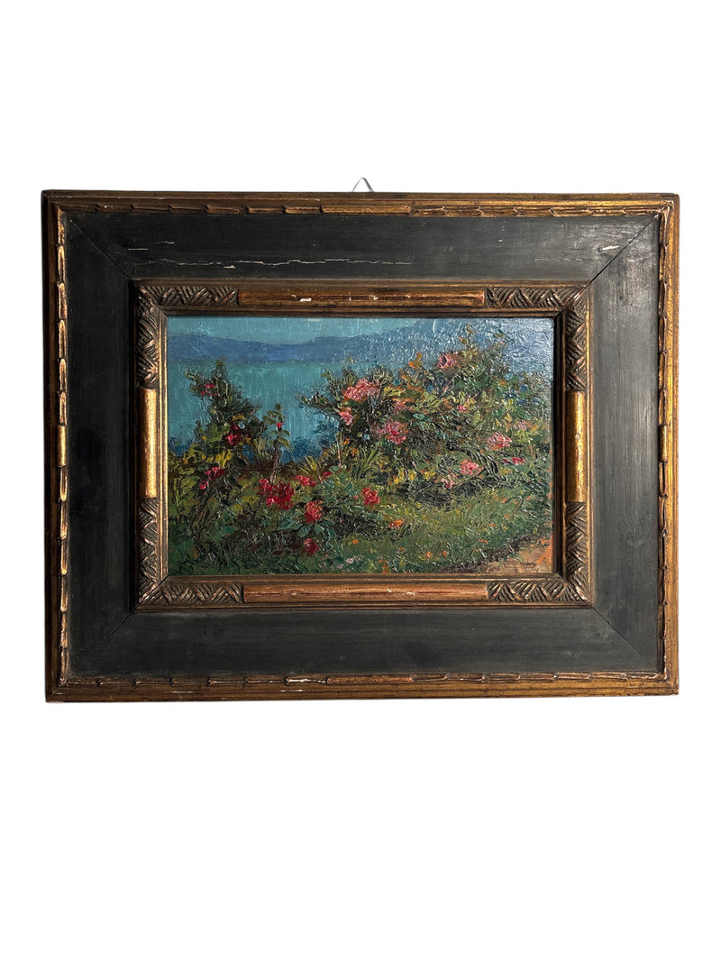 Oil Painting on Panel of Flower Bush by Ugo Mazzolari (Cremona 1873 - Milan 1946)