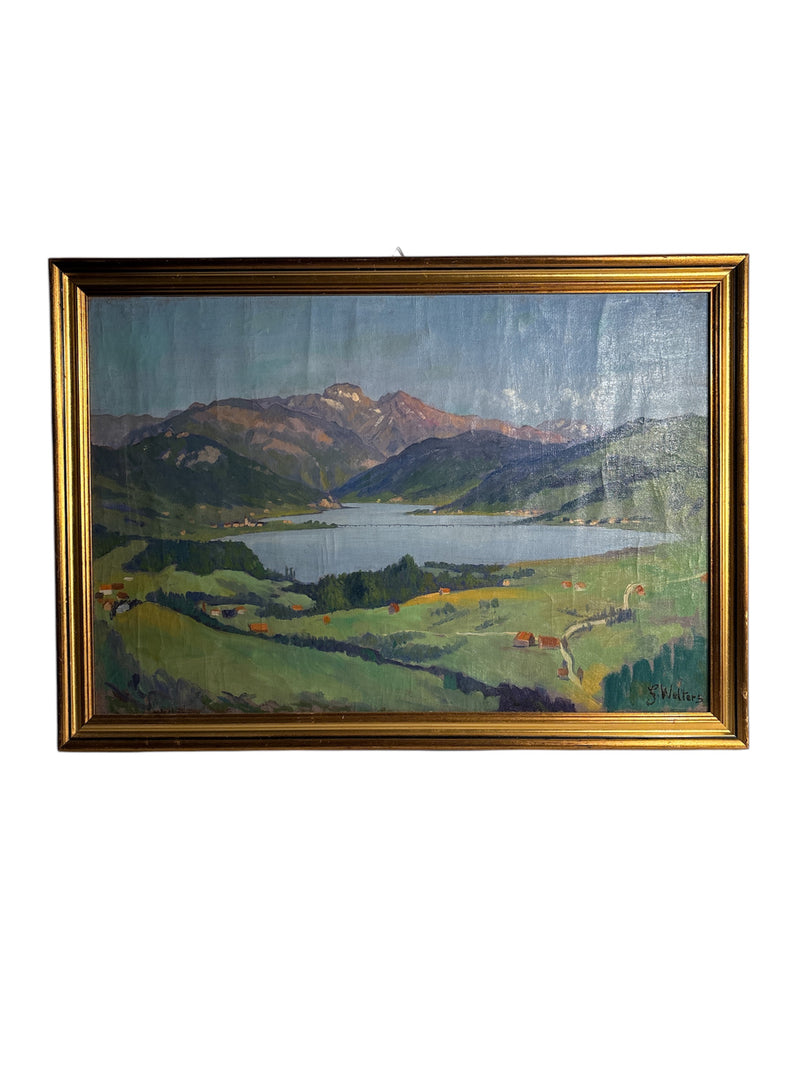 Oil Painting on Canvas of Lake Landscape by G. Welters 1950s